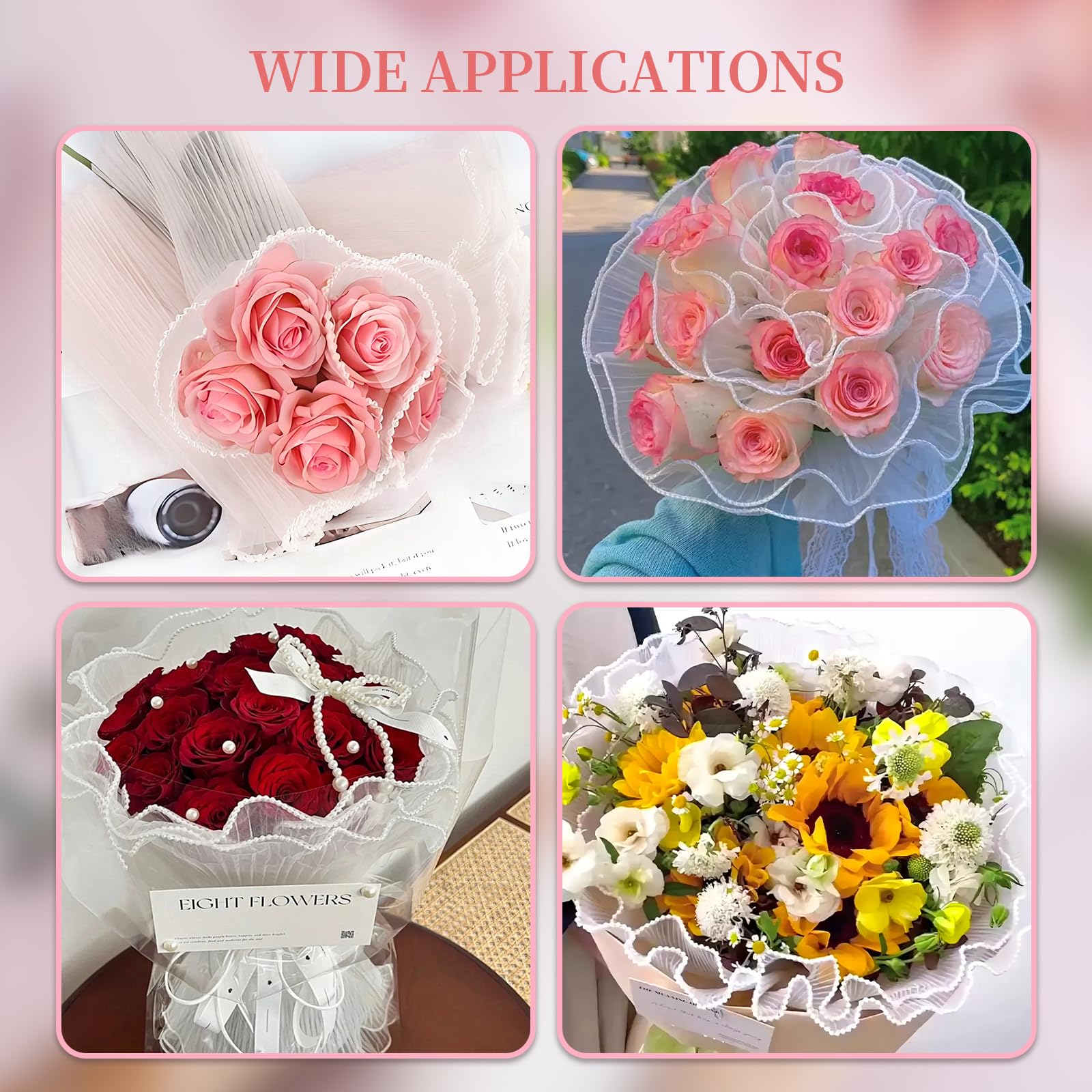 JINIOHEE 3 Pack Floral Bouquet Wrapping Paper - 4 Yards Korean Flower Wrapping Mesh with 9m Ribbons, DIY Gift Packaging Supplies for Wedding, Birthday & Party Decor - White Wrinkle Wave Craft Paper