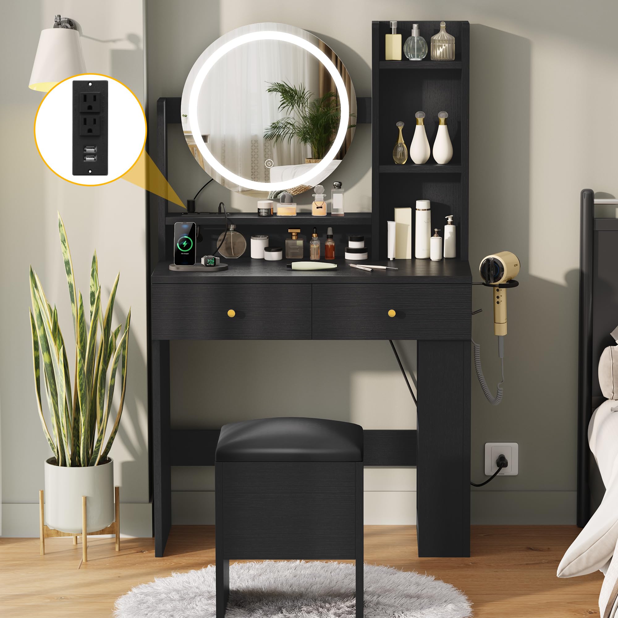 DWVO Makeup Vanity Desk with LED Lights & Mirror, 3-Color Lighting & Power Outlets - Dark Black Dressing Table with 3 Drawers & Storage Shelves, Includes Stool - Perfect for Bedroom, Home Salon & Beauty Room Organization