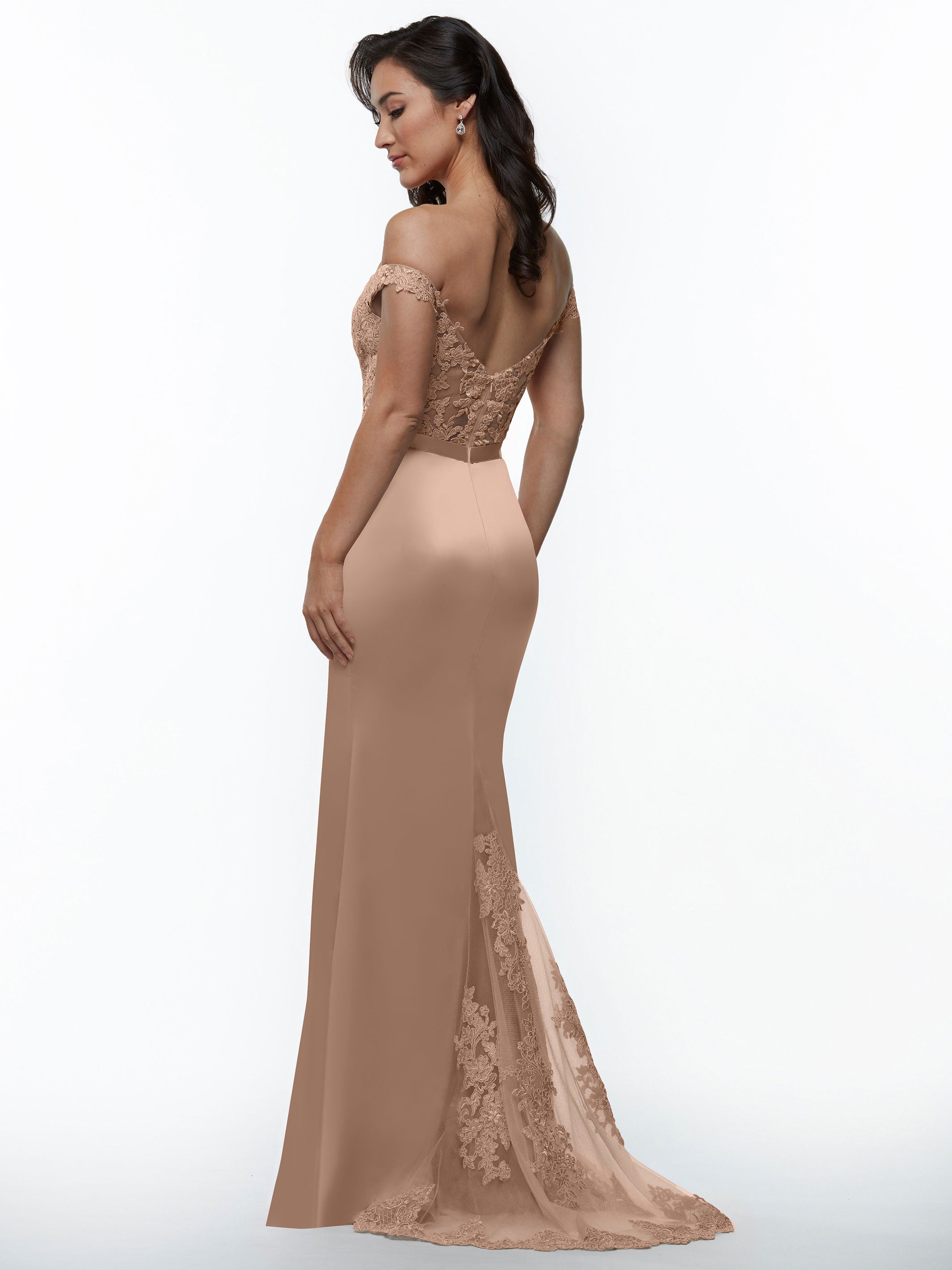 Elegant 80104 Satin Off-The-Shoulder Bridesmaid Dress with Lace Bodice & Waist Sash - Perfect for Weddings, Proms & Formal Events