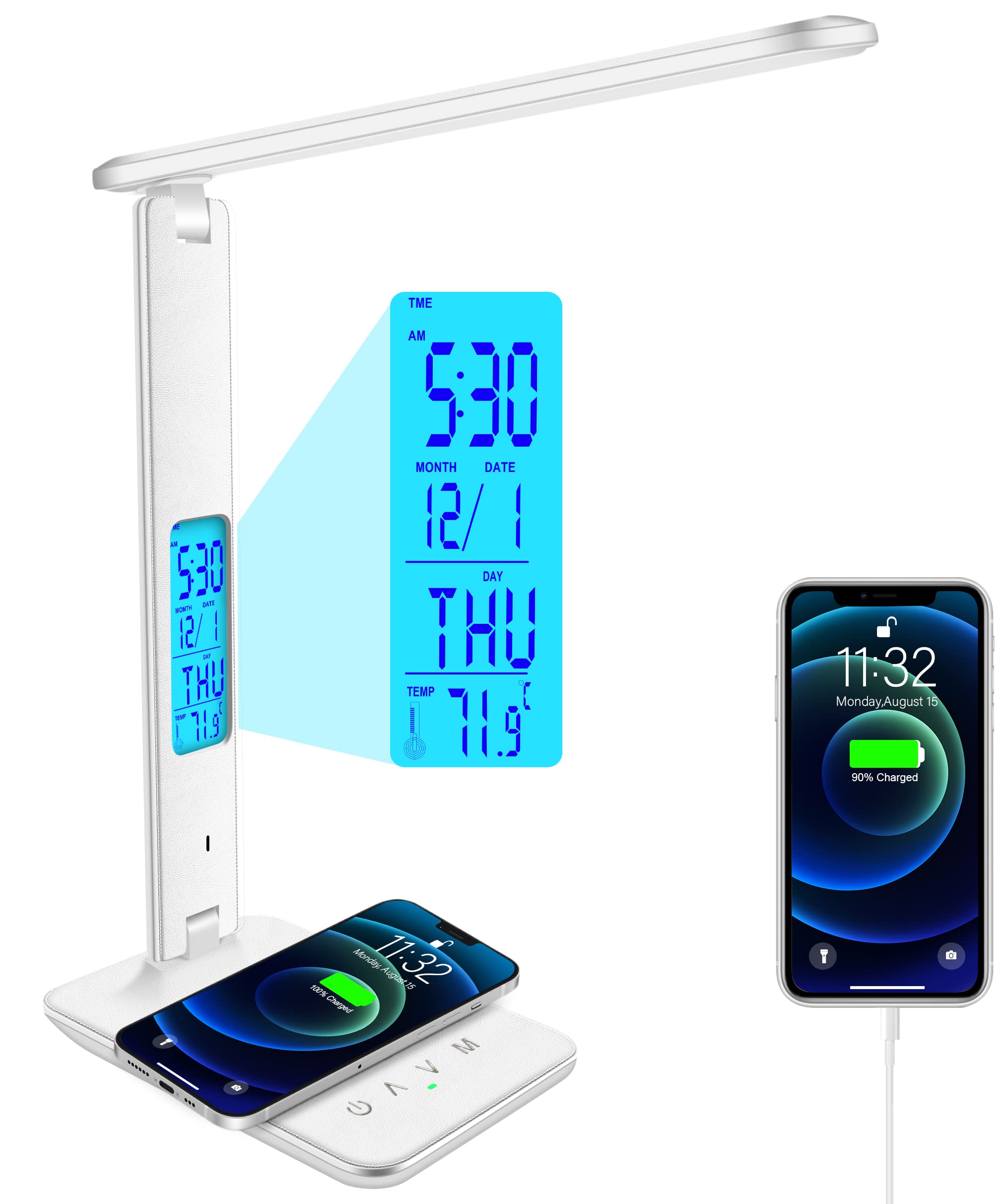 Wireless Charging Desk Lamp with USB Port, Dimmable LED Office Light - Built-in Clock, Alarm, Date & Temperature Display - Foldable Table Lamp for Bedroom, Bedside, Office & Study (White) | Perfect for Night Reading, Working & Charging Devices