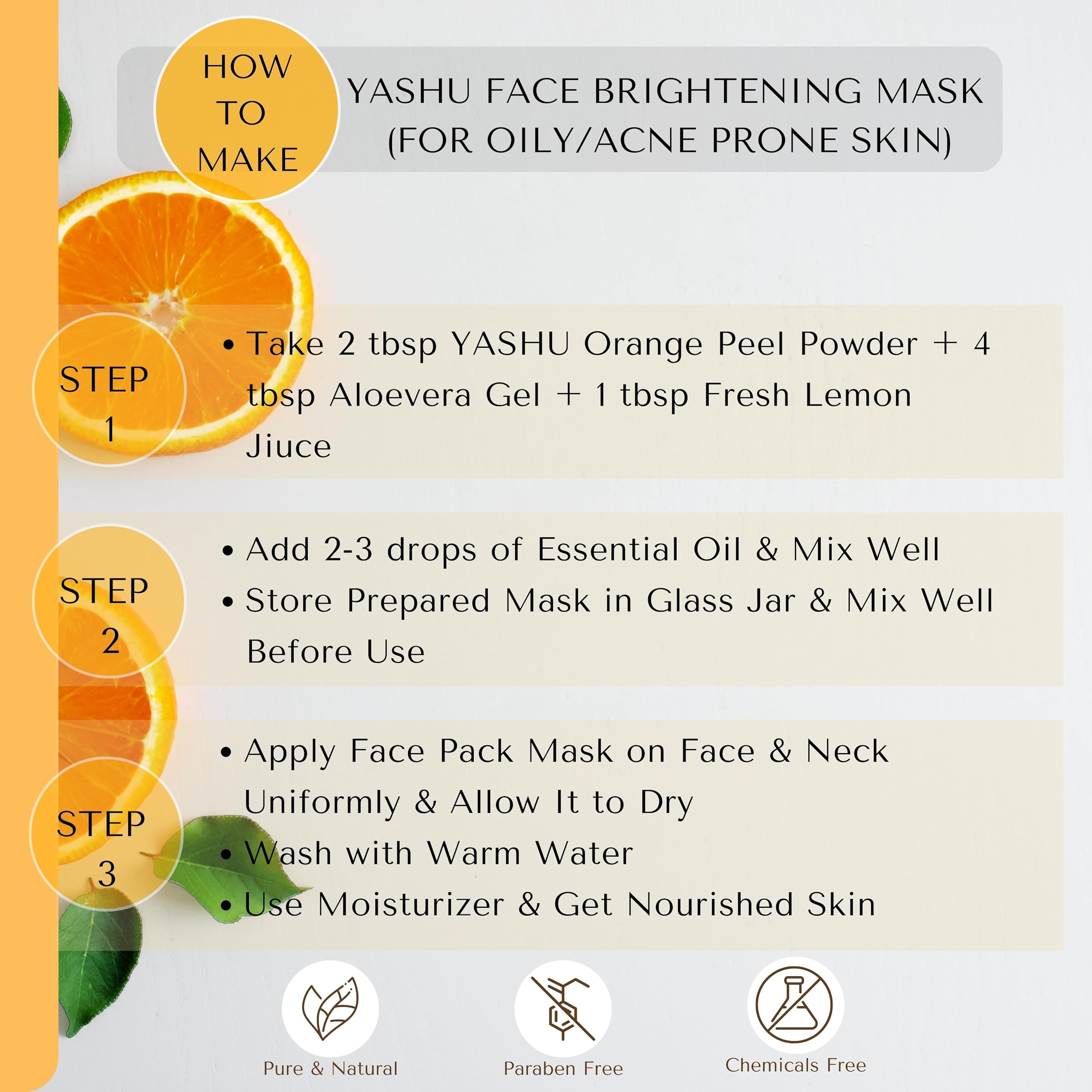 YASHU Pure Lemon Peel & Orange Peel Face Pack Powder for Oily Skin - Deep Pore Cleansing & Brightening Facial Treatment (200g) | Natural Exfoliator for Acne-Prone Skin, Blackhead Removal & Glowing Complexion | Perfect for Daily Skincare Routine & Spa Day at Home