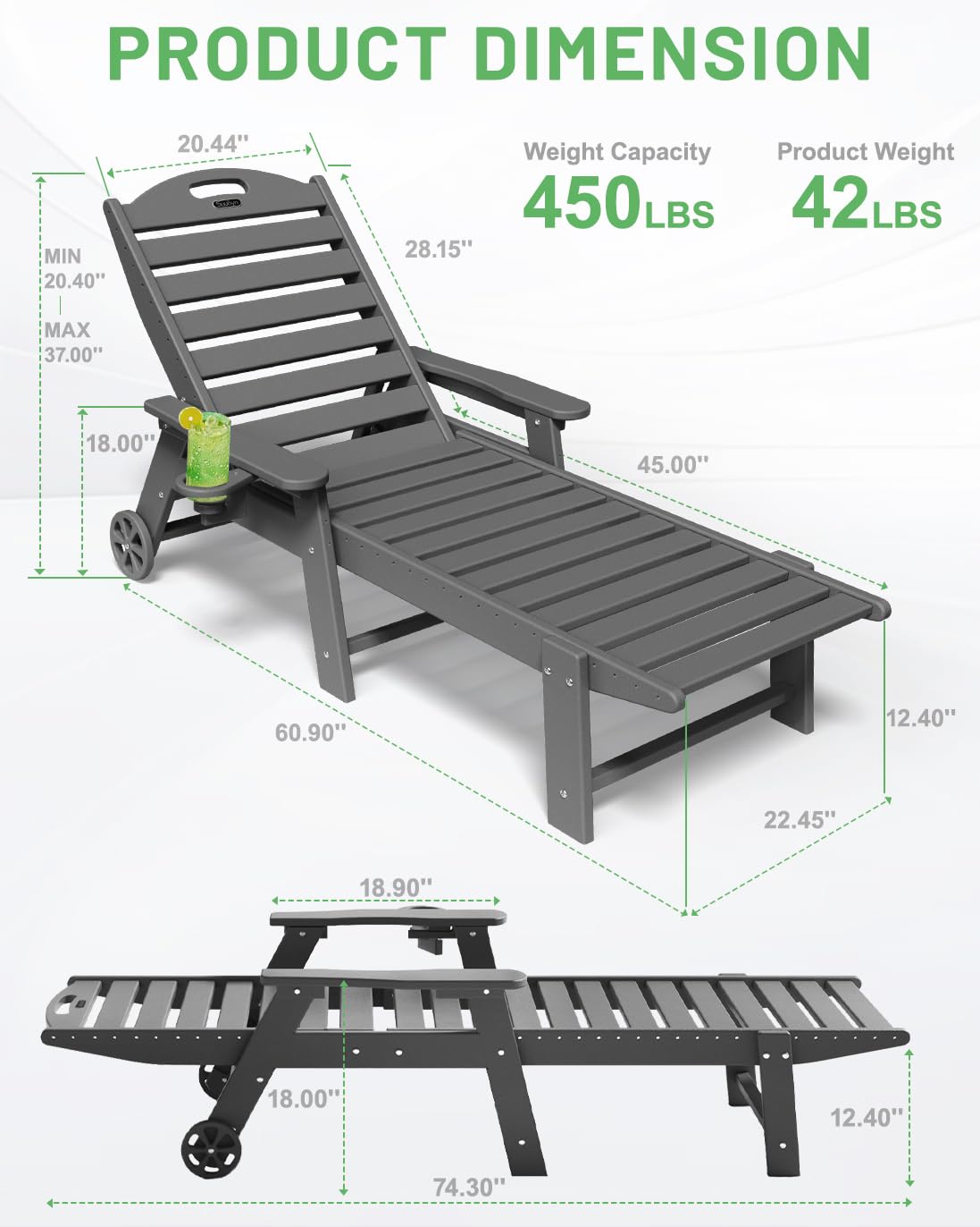 6-Position Adjustable HDPE Outdoor Chaise Lounge Chair with Wheels & Cup Holder - Patio, Poolside, Deck & Backyard Relaxation - Grey Weather-Resistant Lounge Chair for Sunbathing & Outdoor Lounging