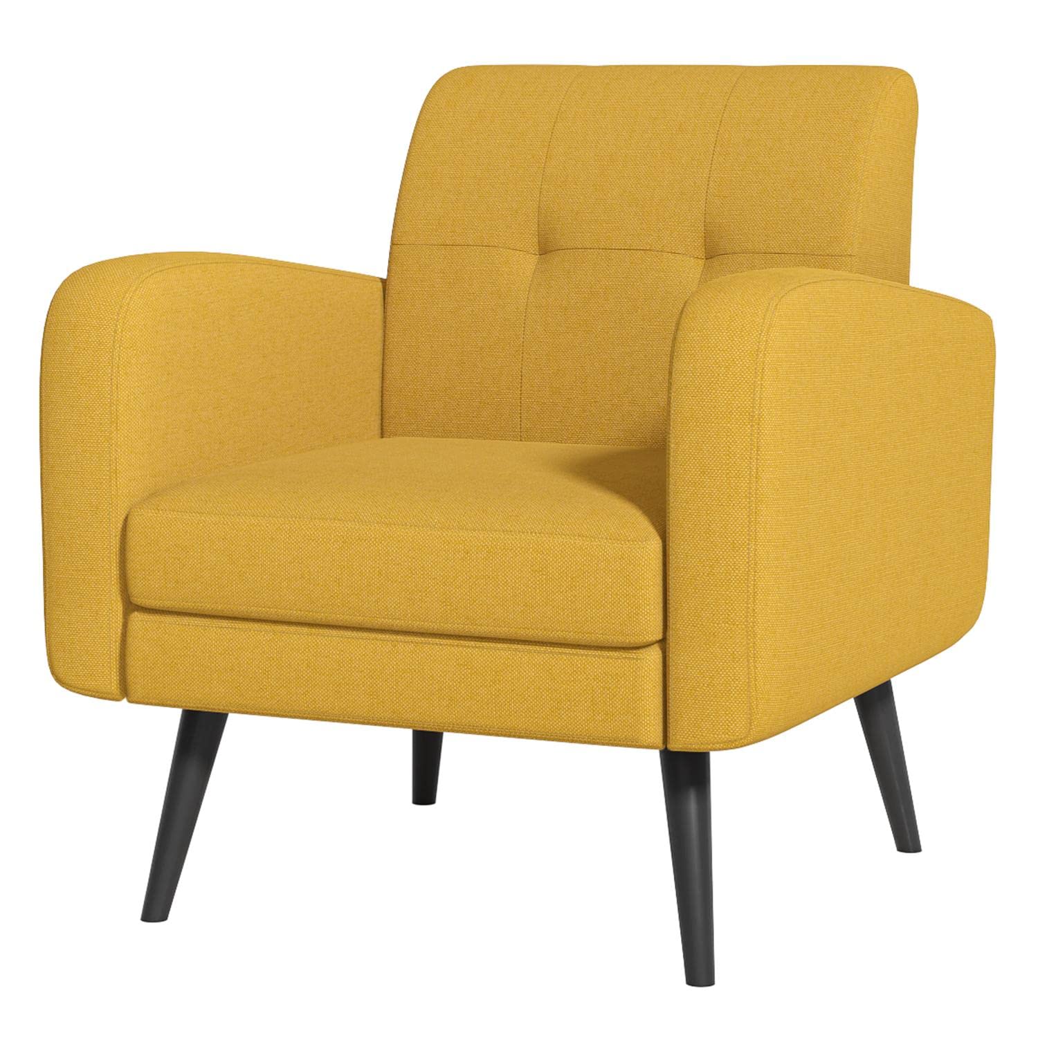 JustRoomy Mid Century Modern Accent Chair - Upholstered Fabric Armchair with Wooden Tapered Legs & Removable Cushion - Comfortable Reading Chair for Living Room, Bedroom & Office - Yellow