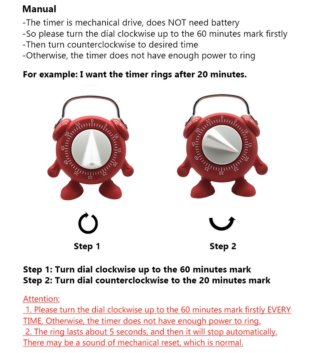 60-Minute Wind-Up Mechanical Kitchen Timer with Loud Ring Alarm - No Battery Needed - Perfect for Baking, Cooking, Teaching Kids & Potty Training (Red)