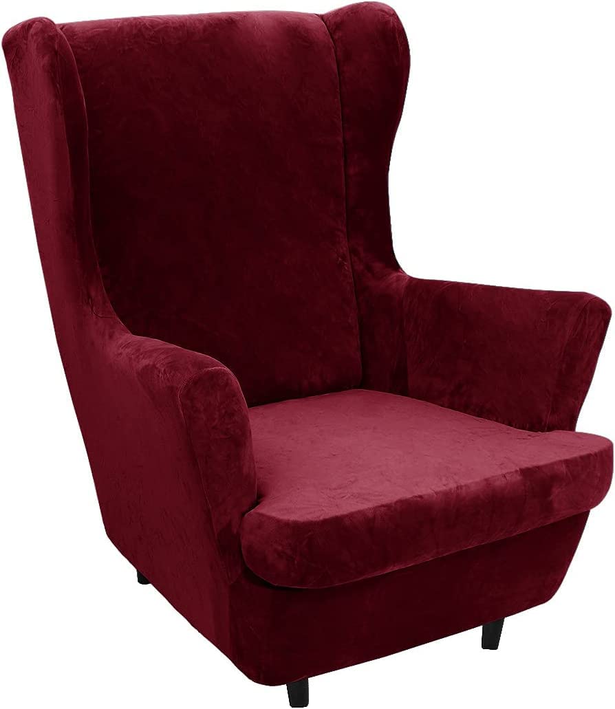 Velvet Wingback Chair Slipcover 2-Piece Set - Stretch Plush Wing Chair Covers with Cushion Cover, Furniture Protector for Living Room & Bedroom - Wine Red