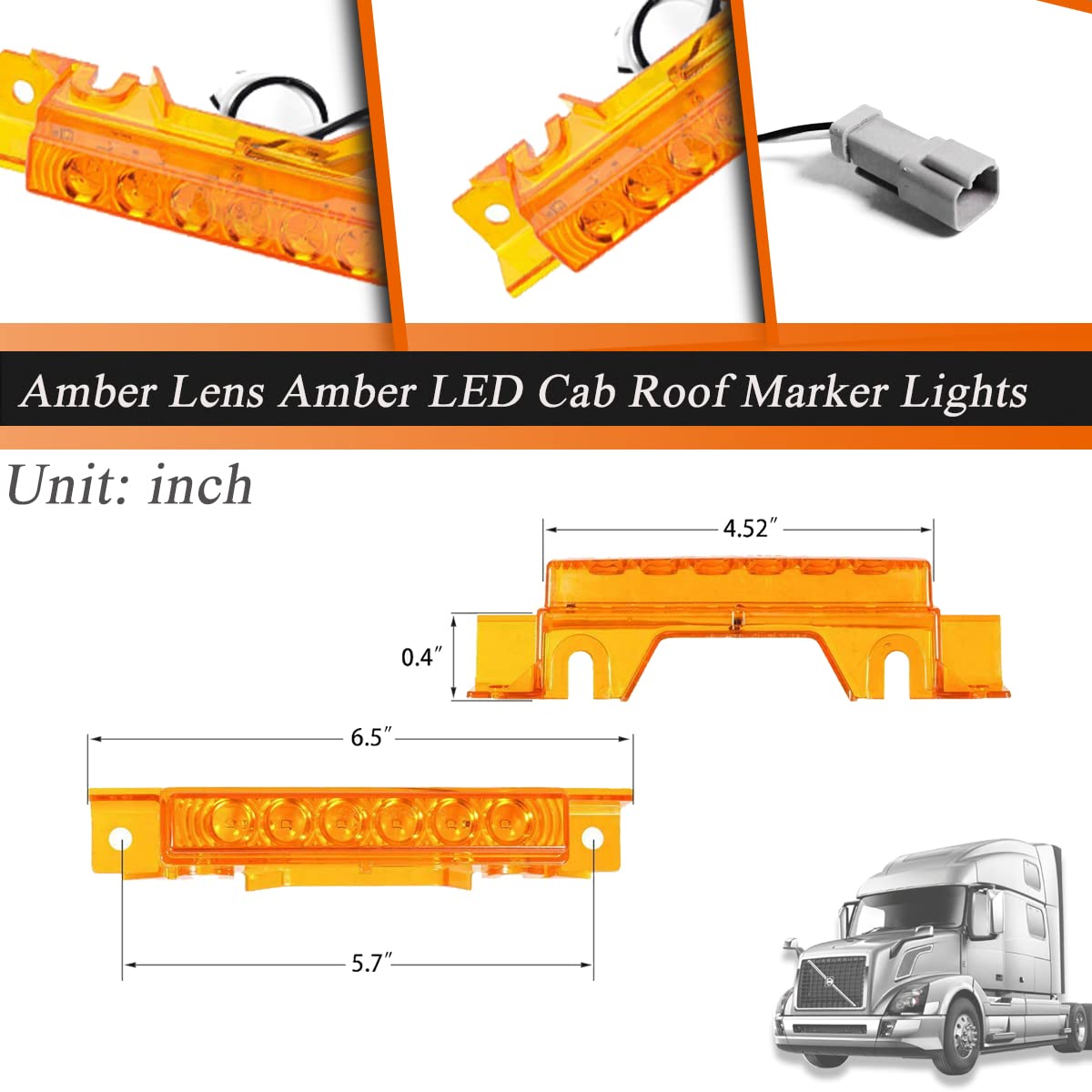 5PCS Amber 6-LED Cab Roof Top Clearance Light Assembly with Amber Lens - Compatible with Volvo VN 2004 & VNL 2003-2020 Trucks - Durable Marker Running Lamps for Enhanced Night Visibility & Truck Safety