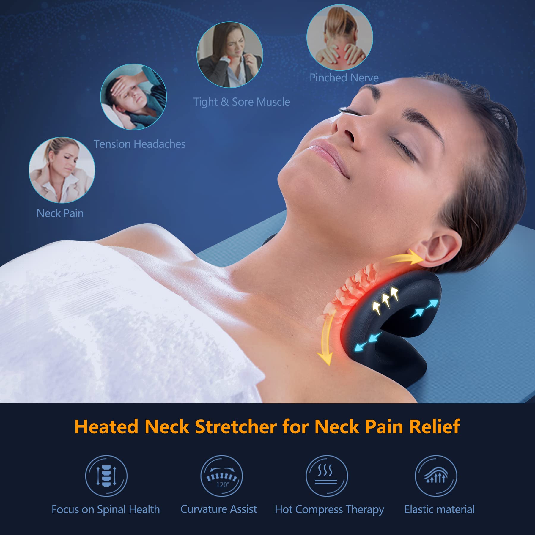 Heated Neck Stretcher & Cervical Traction Pillow - Pain Relief for Neck & Shoulders - Orthopedic Support for Sleeping, Office & Travel - Adjustable Heat Therapy for Muscle Relaxation