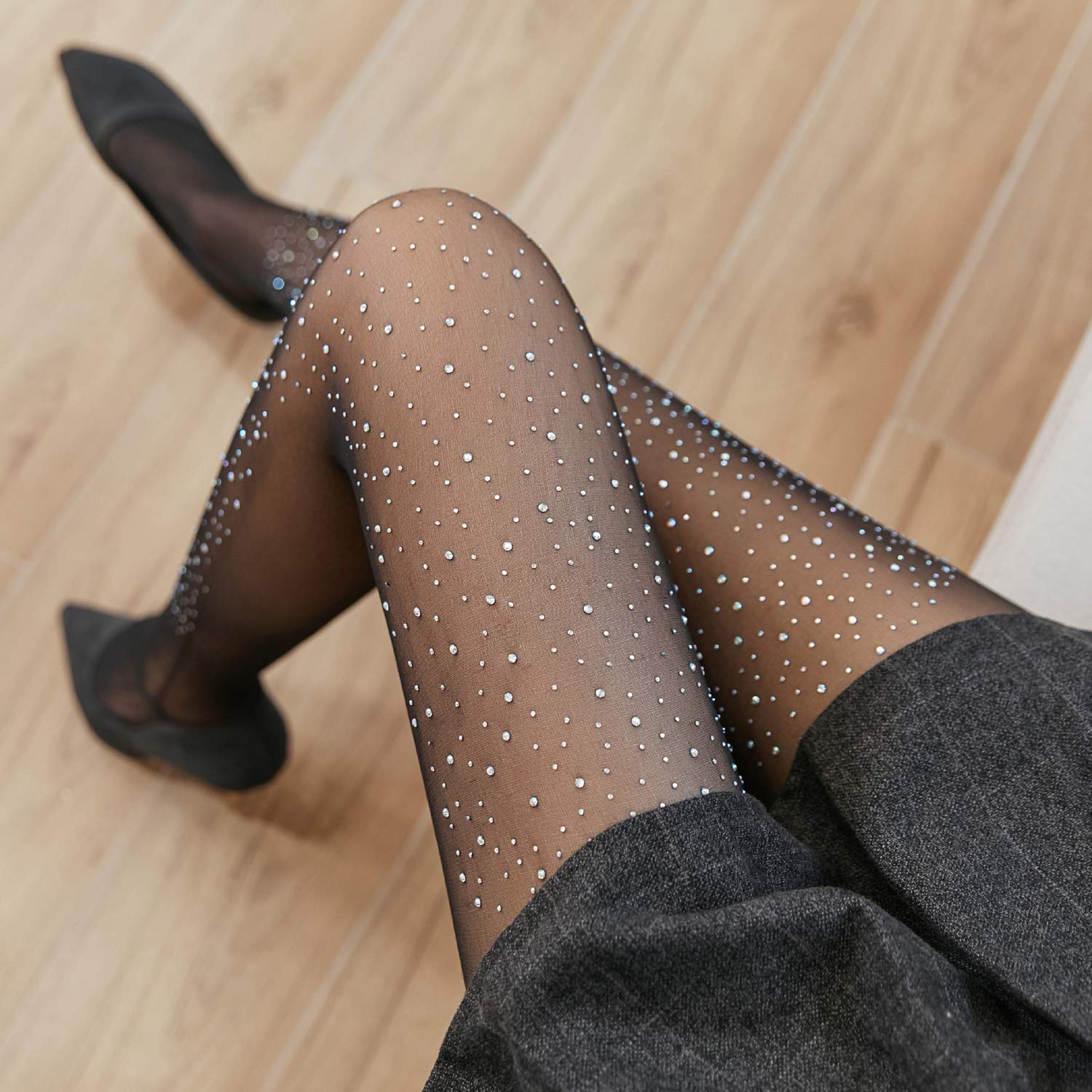 Sparkling Star High Waist Women's Tights - Black Sheer Pantyhose with Glitter Design for Party, Dance & Everyday Wear