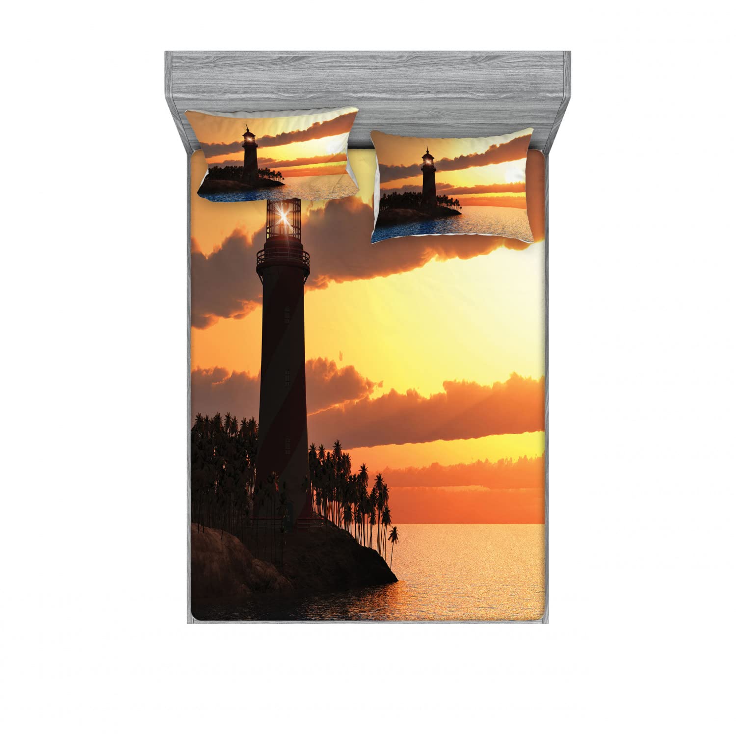 Lunarable Lighthouse 2-Pack Fitted Sheet & Pillow Sham Set - Exotic Landscape Design, 4-Piece Bedding Decor for Queen Size Bed, Includes 2 Fitted Sheets & 4 Pillow Covers in Orange Dark Brown - Coastal Themed Bedroom Decor for Beach House or Nautical Style Home