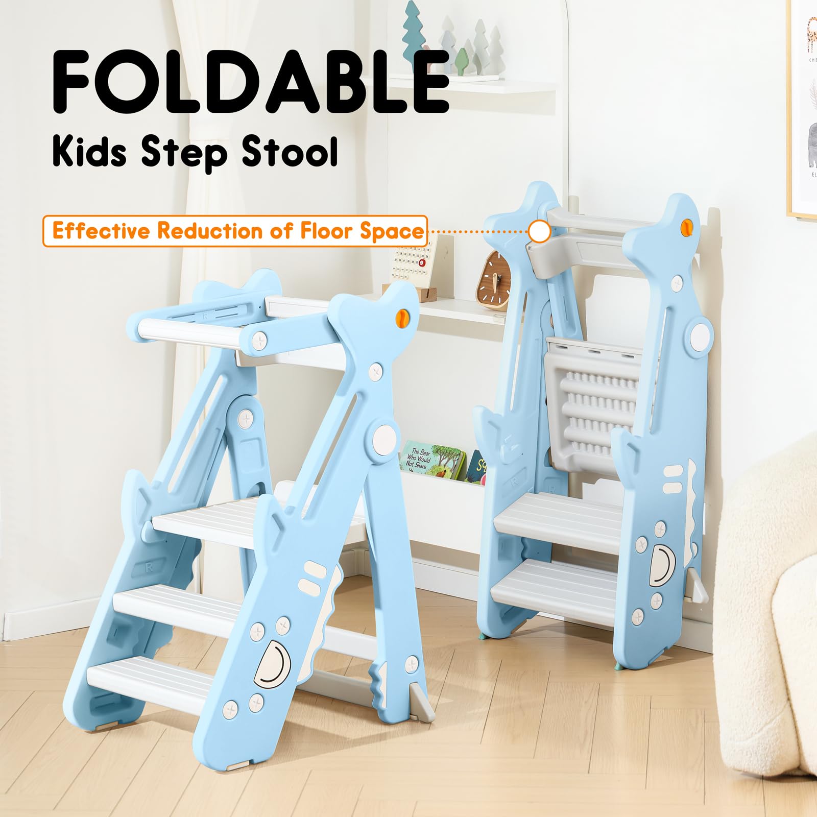 Foldable Adjustable Height Toddler Kitchen Step Stool - Safe Standing Tower Helper for Kids Cooking & Learning - Perfect for Baking, Washing Hands & Countertop Activities