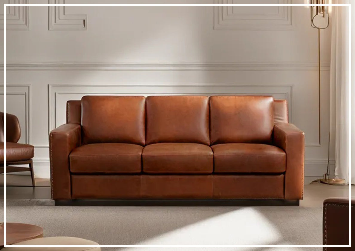 Kathy Ireland Alaves 3-Seater Brown Genuine Leather Queen Size Sleeper Sofa Bed - Convertible Couch for Living Room, Guest Room & Small Spaces