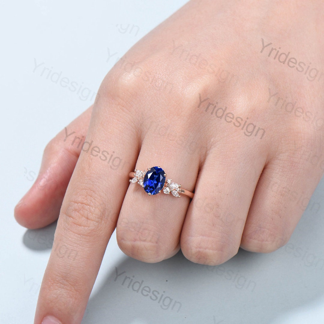 Vintage Rose Gold Oval Sapphire and Diamond Engagement Wedding Ring Set - Natural Leaf Inspired Stackable Promise Rings for Women, Perfect for Proposals, Anniversaries, and Special Occasions