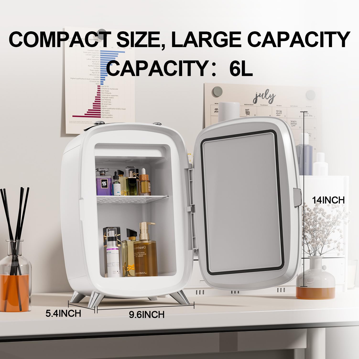 Mini Skincare Fridge with 3-Level Dimmable LED Mirror - 6L Large Capacity, Quiet Semiconductor Cooling Beauty Fridge for Cosmetics, Perfumes & Medications - Perfect for Bedroom, Office, Travel & Salon Use