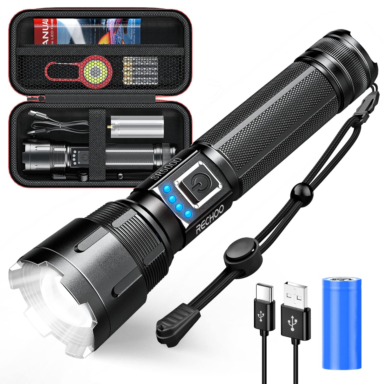 RECHOO 20000 Lumens Rechargeable Tactical Flashlight - 5 Modes & Zoomable, IP65 Waterproof LED Flashlight for Camping, Hiking, Emergency, Outdoor Adventures & Power Outages