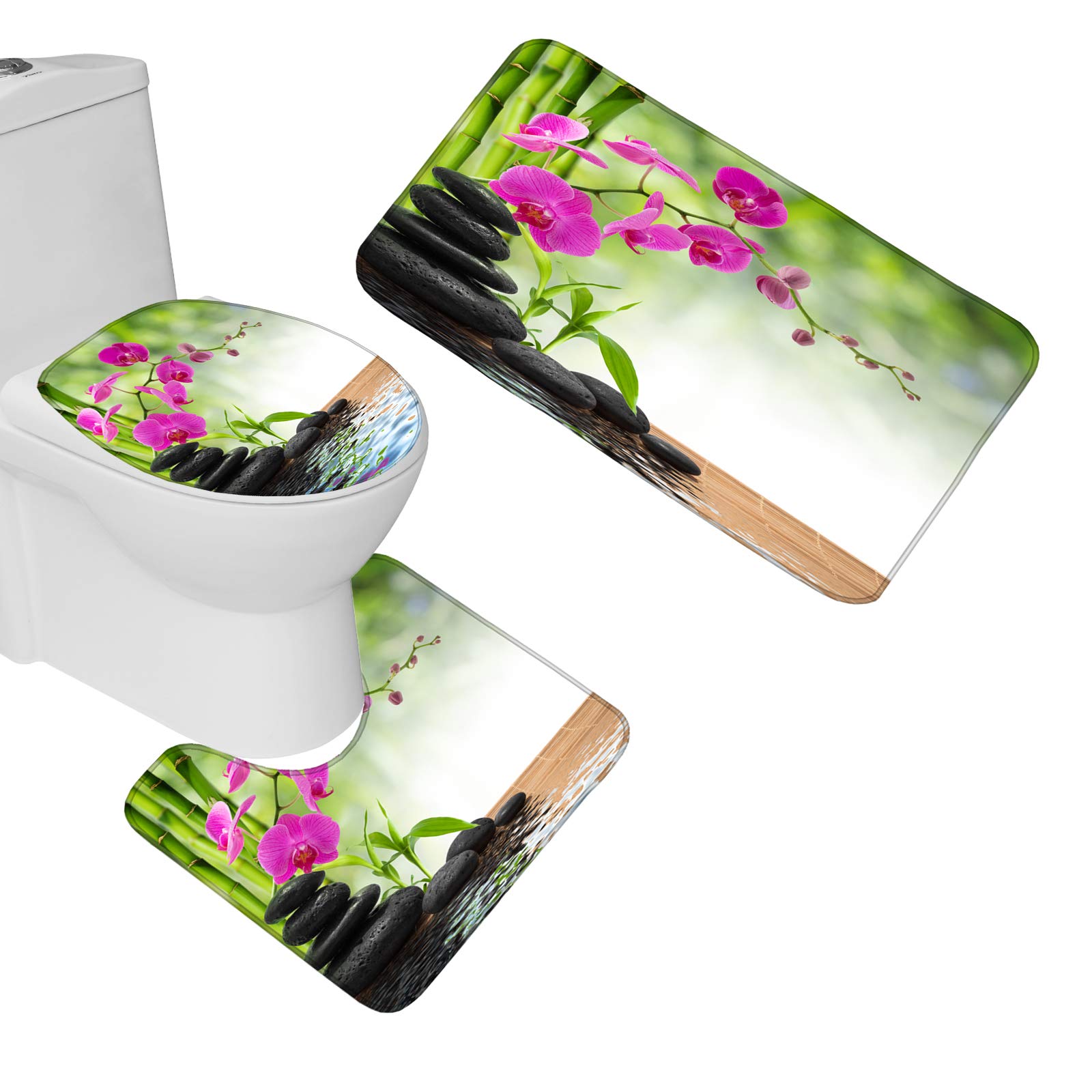 3-Piece Spa Zen Garden Bathroom Mat Set with Bamboo Orchids & Water Decor - Non-Slip Bath Mat, Contour Mat & Toilet Cover for Relaxing Bathroom Decor (Perfect for Zen Bathrooms, Spa Retreats & Home Wellness Spaces)