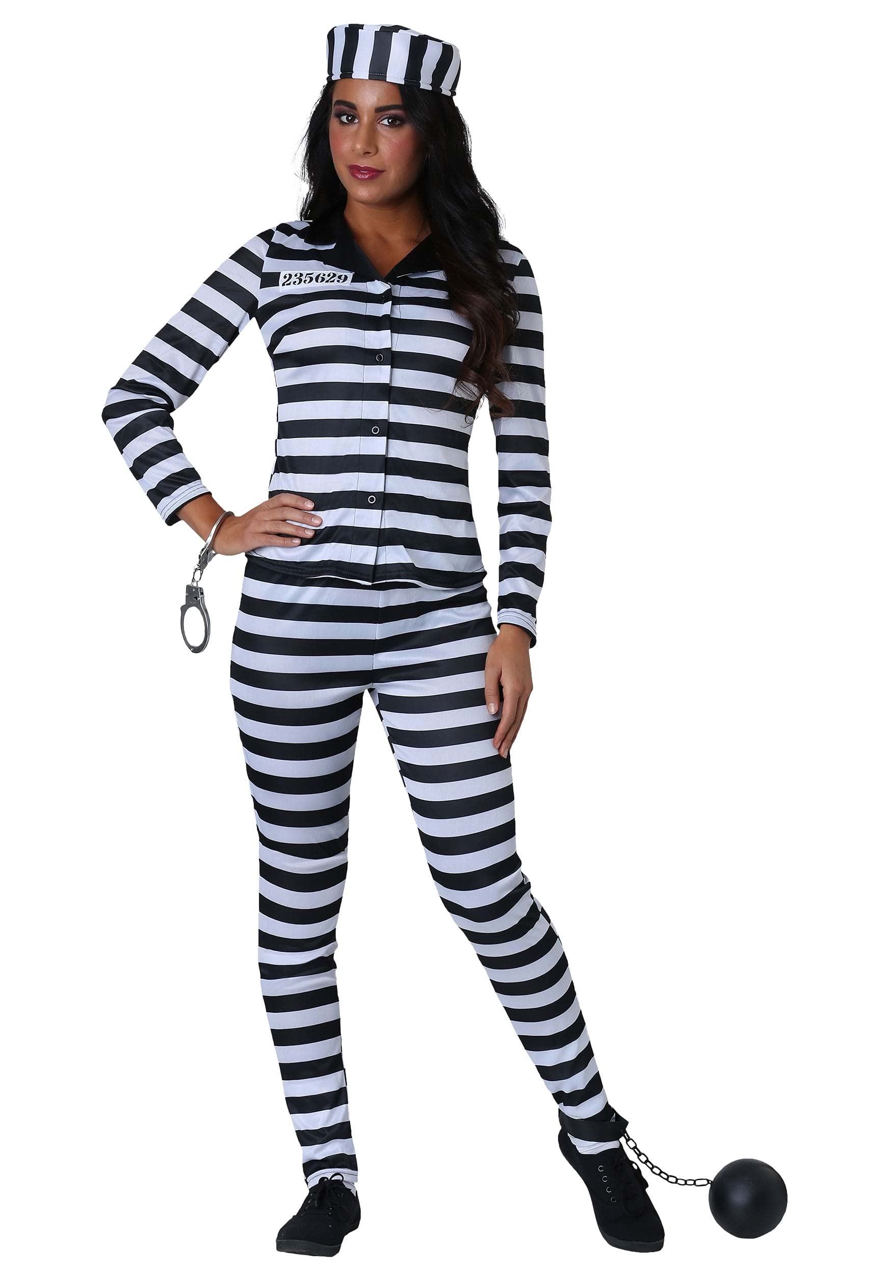 Women's Prisoner Convict Costume Set - Halloween Outfit with Shirt, Pants, Hat & Accessories | Perfect for Halloween Parties, Cosplay & Themed Events