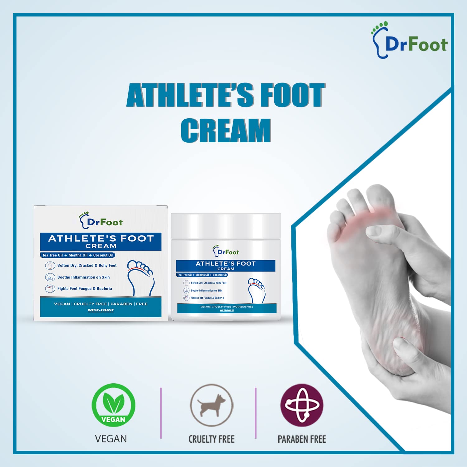 Dr Foot Athlete's Foot Cream - Soothing & Moisturizing Treatment for Dry, Cracked Feet with Tea Tree Oil, Menthol & Coconut Oil (100g) | Effective Foot Care for Athletes, Gym Goers & Daily Use