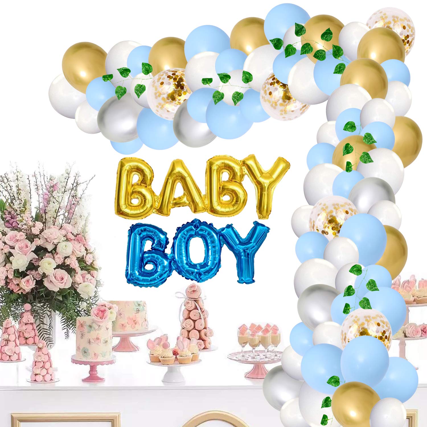 JoyBo Blue & White Baby Shower Decorations Kit for Boys - Balloon Garland Arch, Foil Banner, Greenery Vine & Confetti Balloons in Light Blue, White, Gold & Silver | Perfect for Gender Reveal Parties & Nursery Decorations