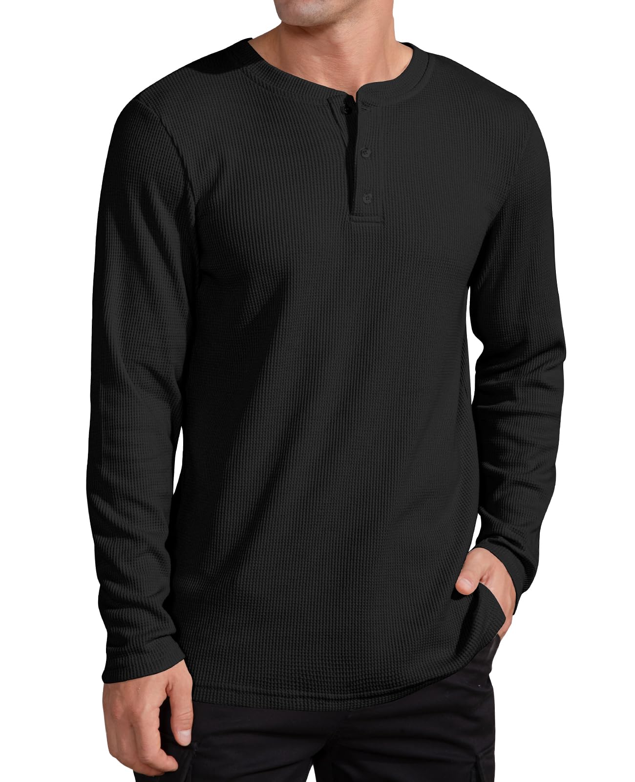 QUALFORT Men's Waffle Long Sleeve Henley Shirt - Soft Thermal Knit Top for Winter, Fall & Layering - Casual Button Up Shirt for Outdoor Activities, Work & Everyday Wear