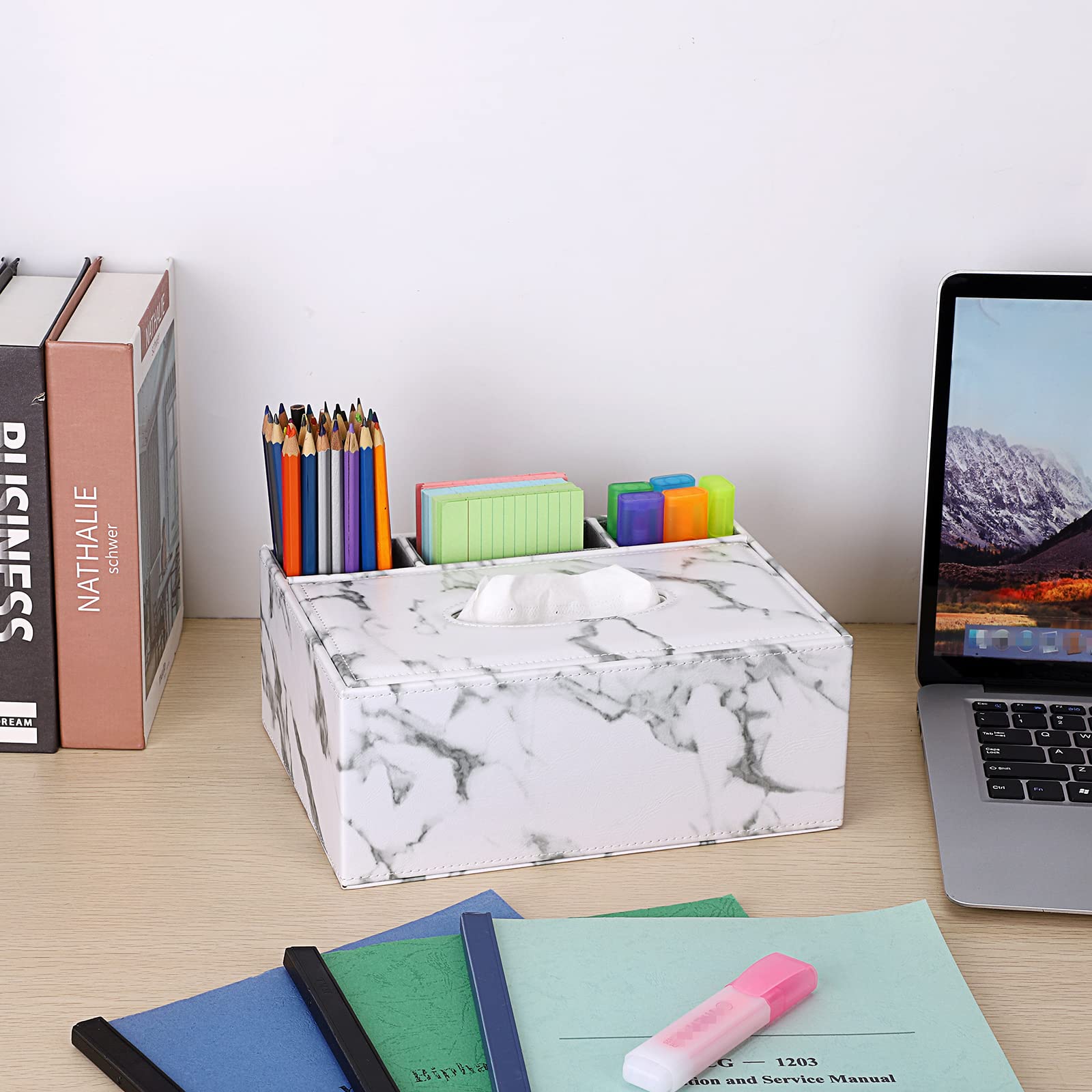 Sumnacon PU Rectangular Tissue Box Cover - Multifunctional Tissue Box Holder with Storage for Stationery & Remote Control | Decorative Organizer for Home, Office, Car & Restaurant | Marble White | Perfect for Living Room, Bedroom, Desk & Vehicle Use