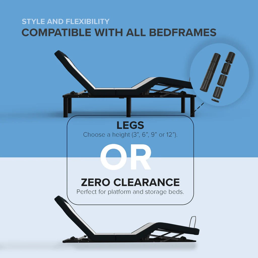 ZZEN E4/Z4 Zero Clearance Adjustable Bed Frame with Massage, Night Light & USB Ports - Fits Storage Beds & RVs - Perfect for Home, RV & Travel Comfort