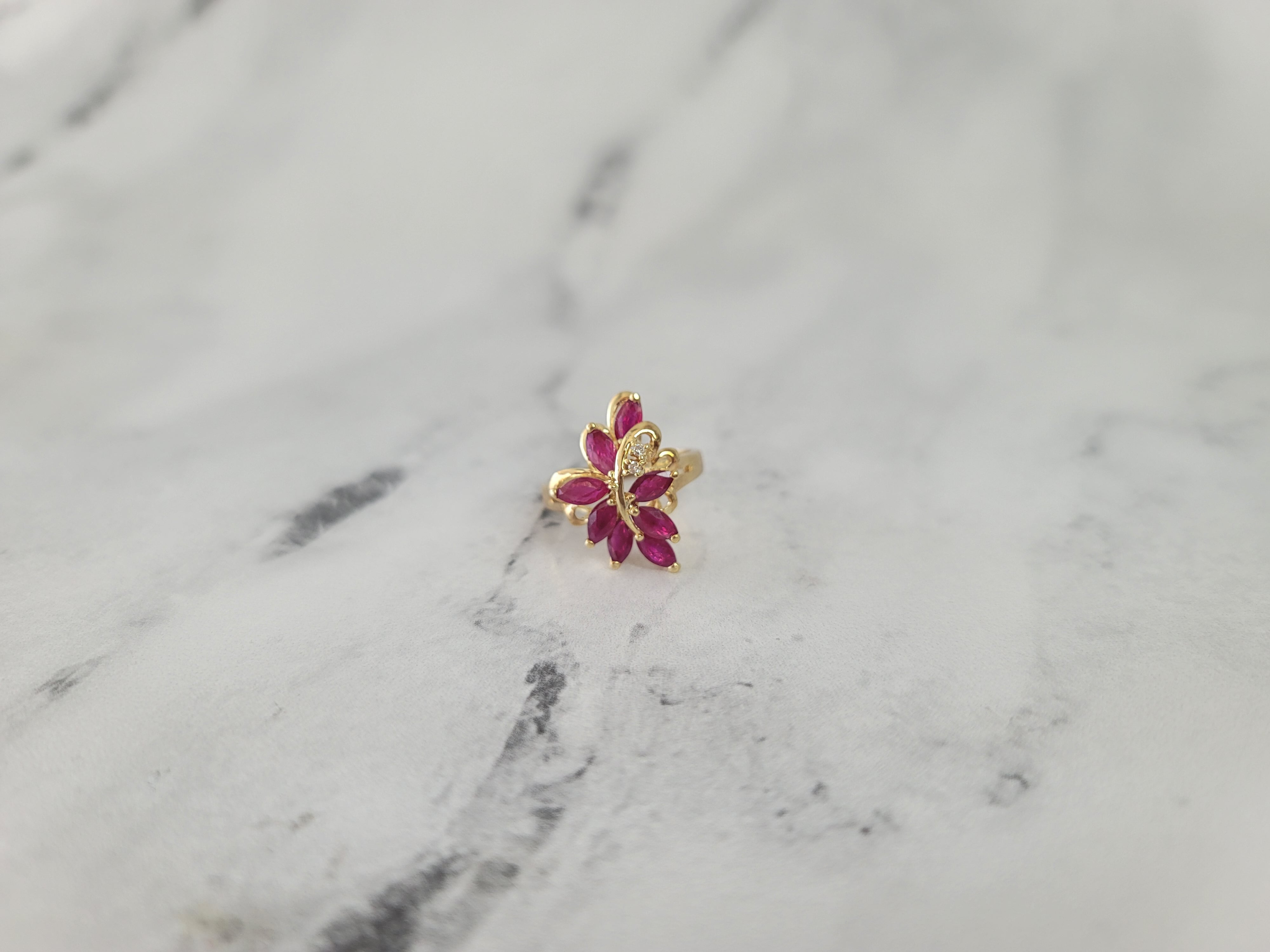 14k Yellow Gold Marquise Ruby Leaf Floral Cluster Ring - Elegant Vintage Jewelry for Weddings, Anniversaries & Special Occasions