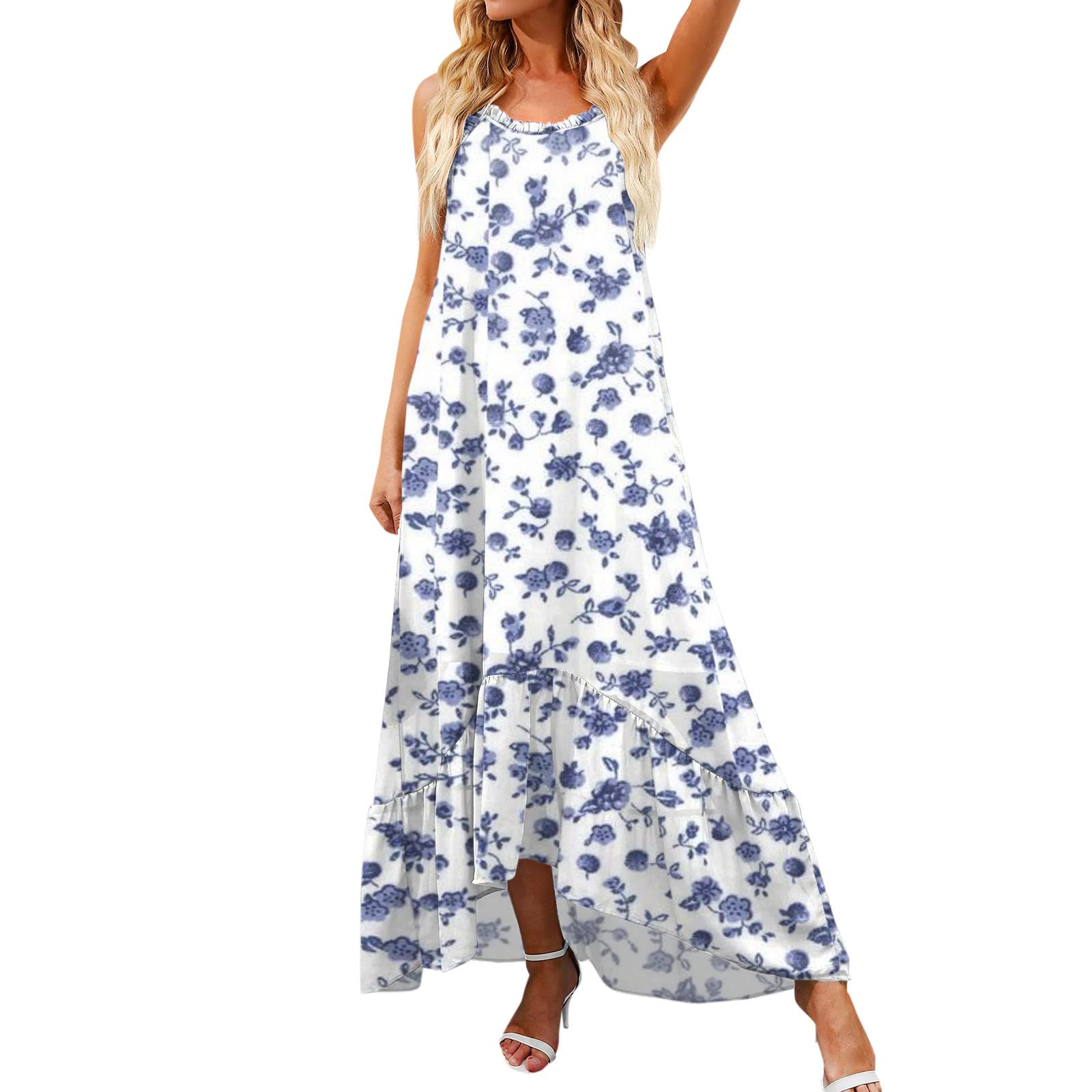 Women's Summer Maxi Dress - High Low Ruffle Hem Spaghetti Strap Sleeveless Cocktail Dress | Beach Wedding, Vacation, Party Wear