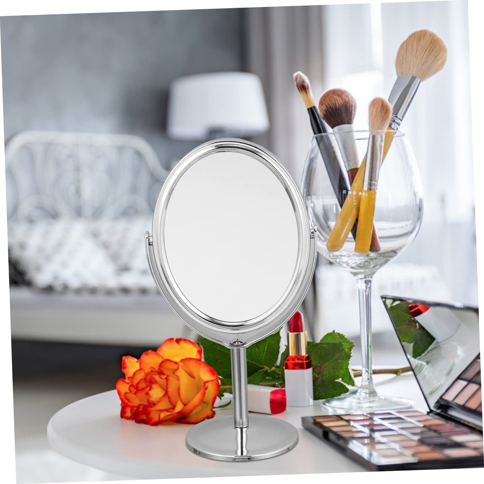 **Double-Sided Round Makeup Mirror with Magnifying Glass - Silver Vanity Dresser Mirror for Home & Travel Beauty Routine**