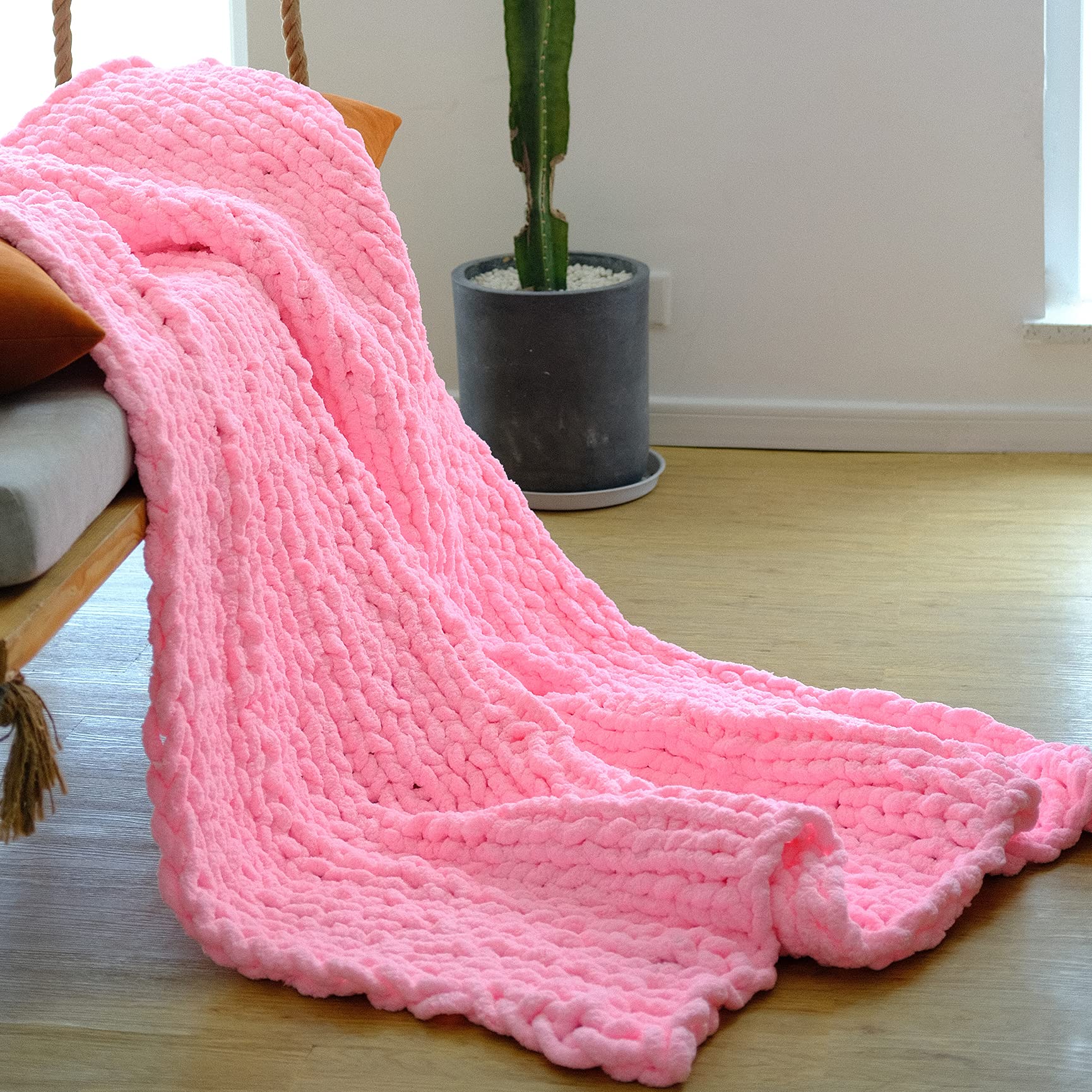 Alzoear Chunky Knit Throw Blanket - Chenille Handmade Cozy Warm Blanket for Sofa, Bed, Couch & Home Decor - Soft Luxurious 50x60 Inch Blanket for Winter, Gift Giving & Cozy Evenings (Bright Pink)