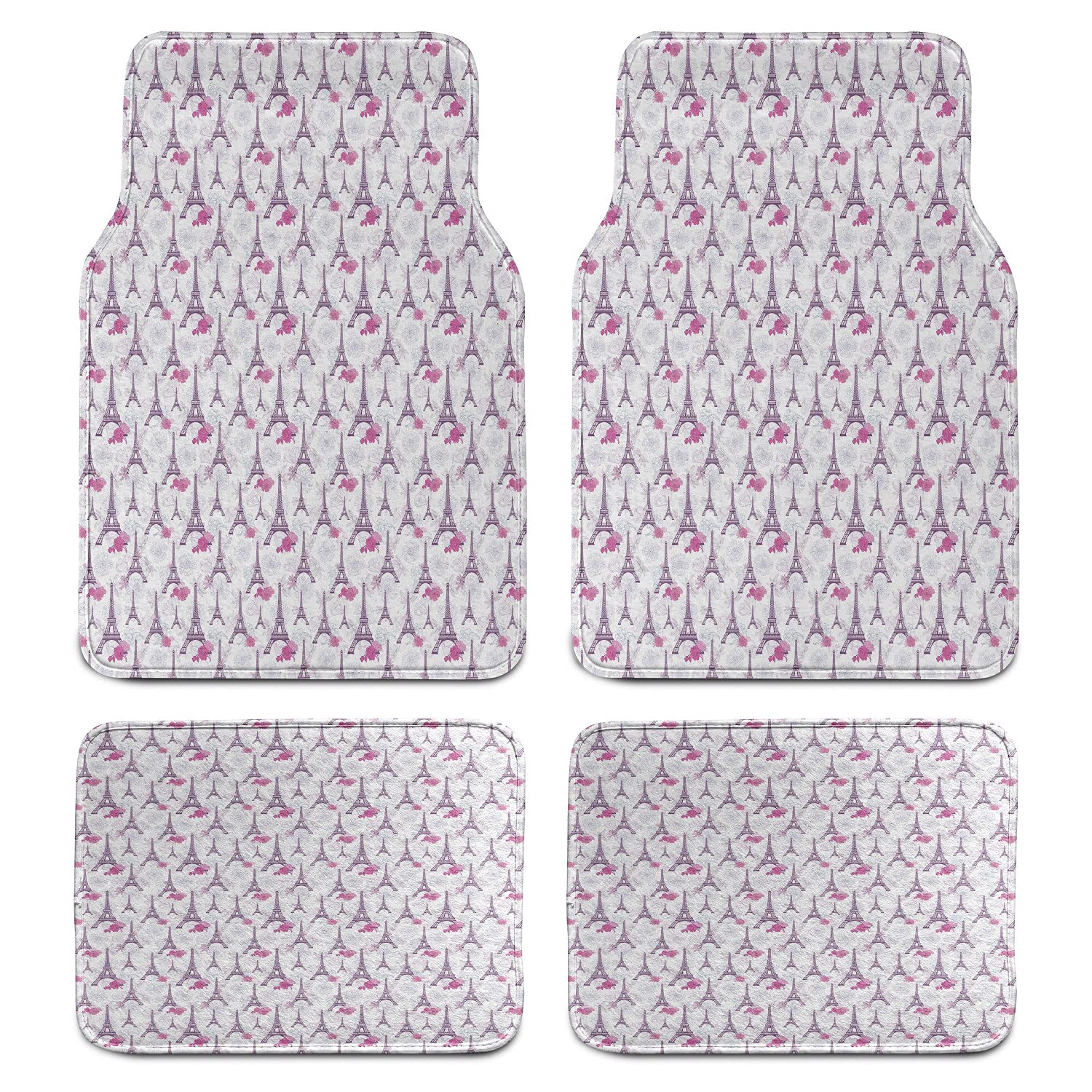 Lunarable Paris Car Mat Set of 4 - Floral Eiffel Tower Design, Non-Slip PVC Backing Floor Mats for Front & Back Seats, Pale Eggplant Pink | Perfect Gift for Paris Lovers & Car Enthusiasts
