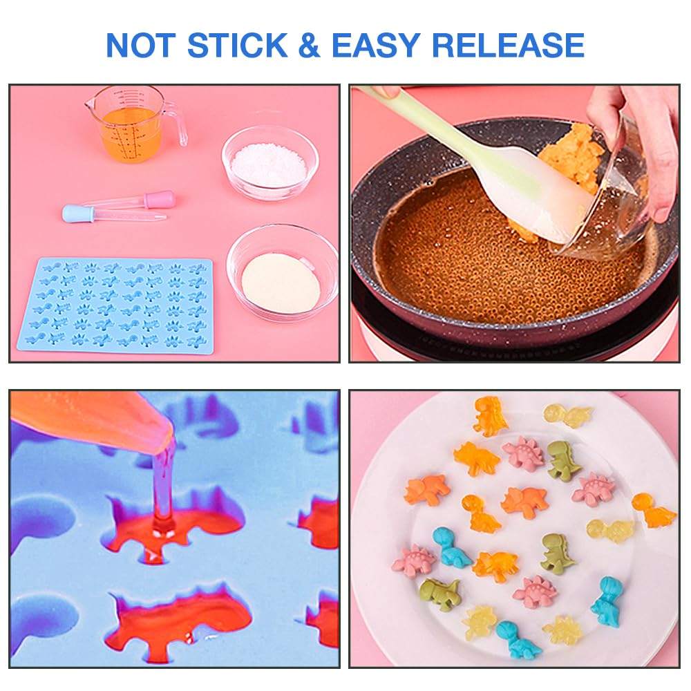 Premium Silicone Gummy Molds Set of 4 - Dinosaur, Bear, Donut & Heart Candy Molds with 2 Droppers for Easy Filling - Perfect for Homemade Chocolates, Gummy Bears, Candies & Party Treats - BPA-Free Baking Supplies for Kids & Adults