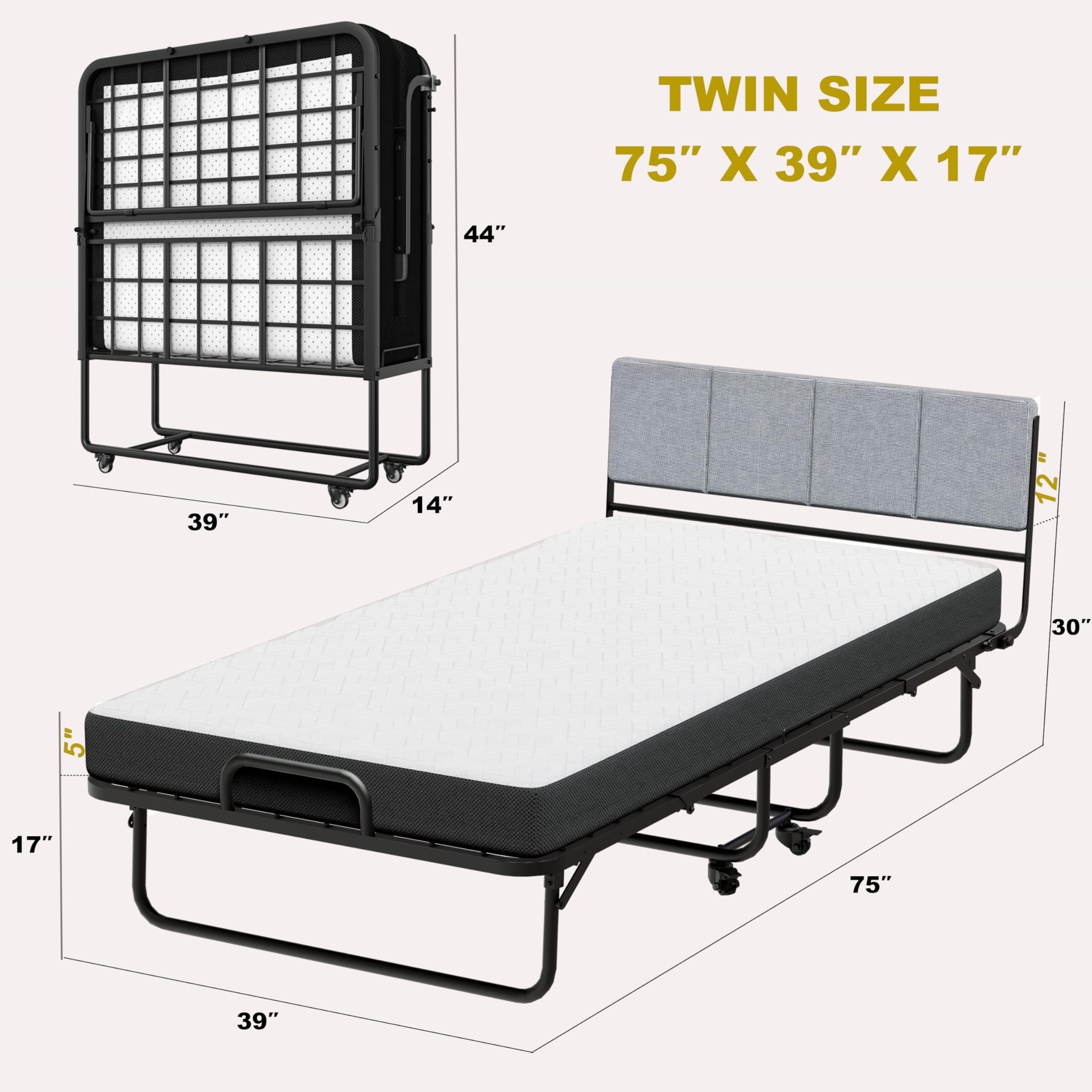 75 x 39 Inch Folding Bed with Headboard - Twin Size Portable Bed Frame with 5