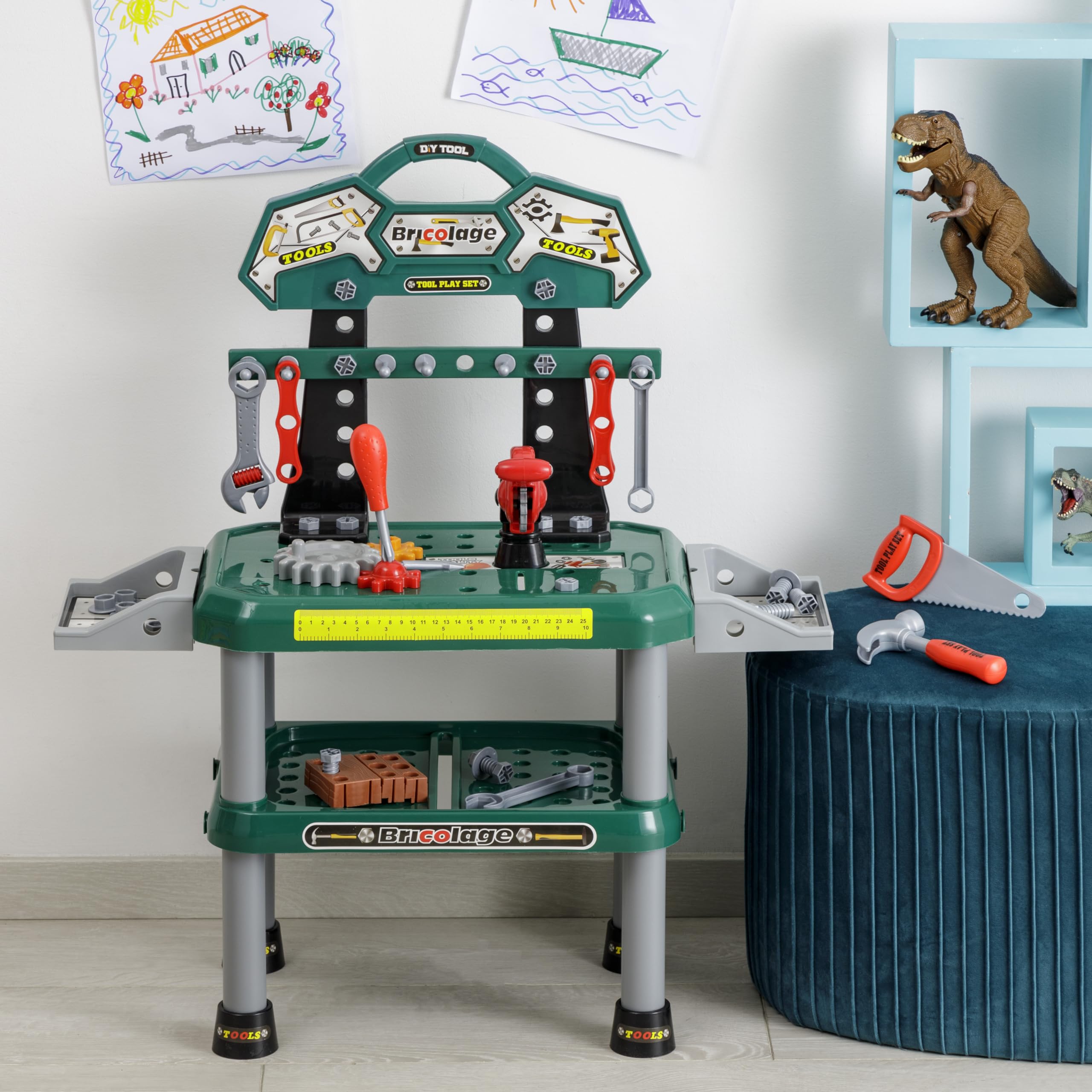 Baroni Kids Workbench Toy with 74 Accessories - Wooden Carpenter & Mechanic Playset for Ages 3-7 - Perfect for Pretend Play & STEM Learning