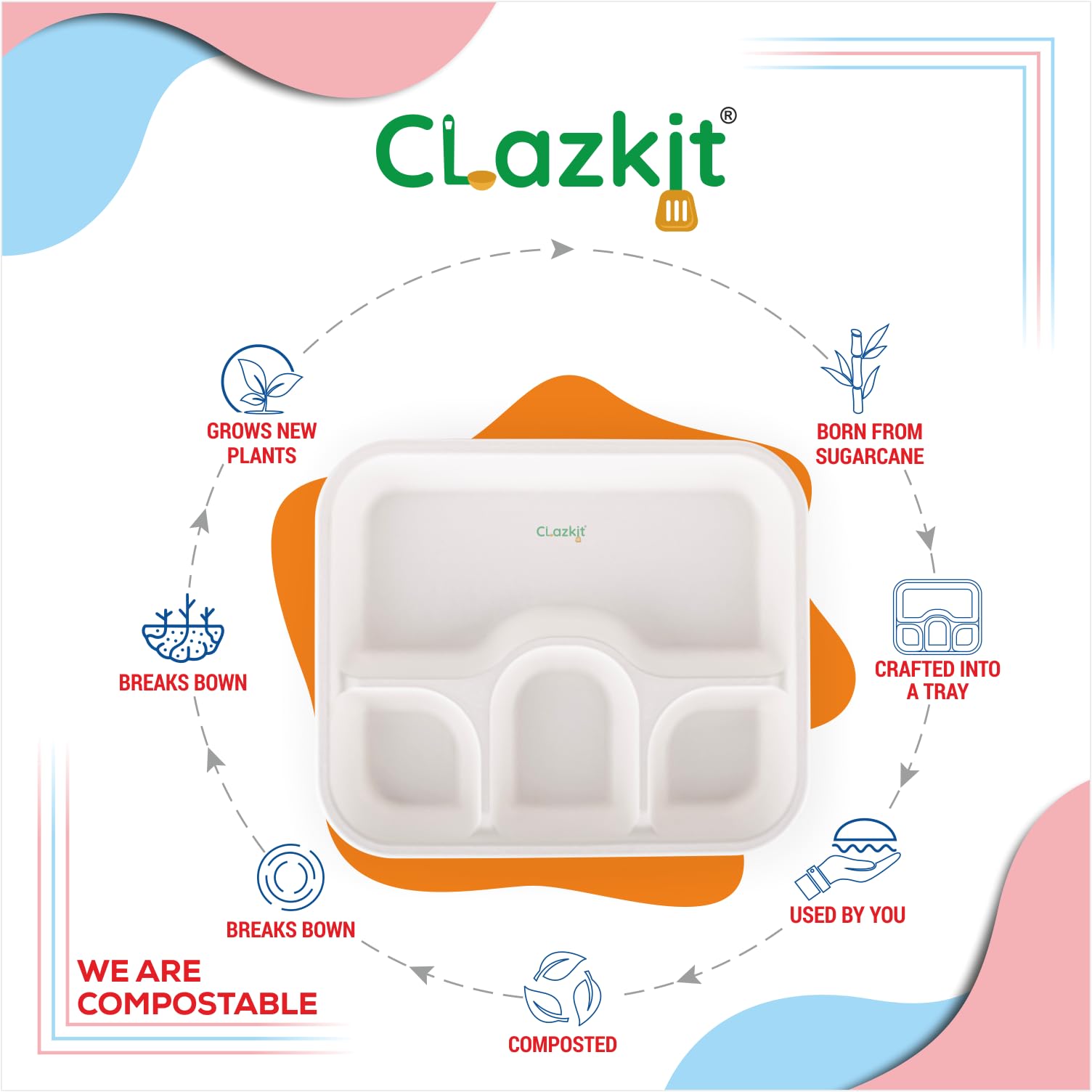 Clazkit 50 Pack 4-Compartment Disposable Meal Trays - Eco-Friendly Biodegradable Bagasse Plates for Parties, Weddings & Events | Perfect for Catering, Picnics & Outdoor Dining