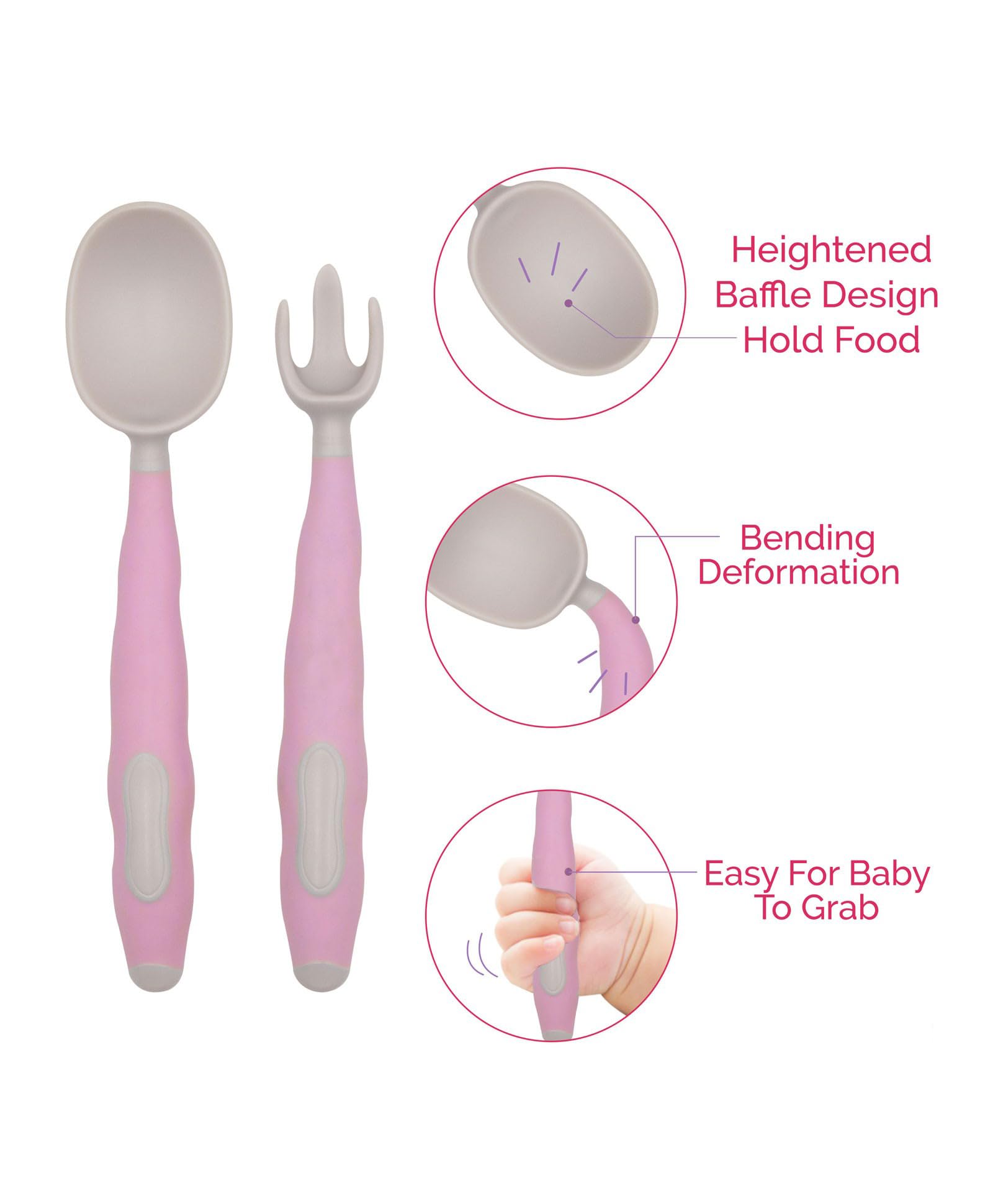 Kritiu BPA-Free Silicone Teether & Baby Spoons Set - Safe Infant Feeding Essentials for Babies 6+ Months - Perfect for Soothing Teething Pain & First Solid Foods (Pink & Baby Pink) | Ideal for Home, Travel & Daycare Use