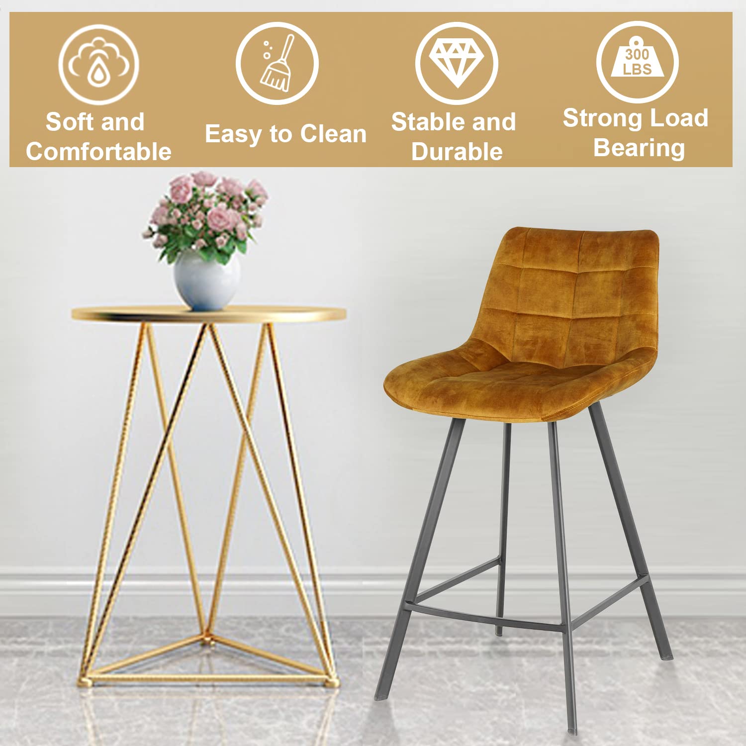 Modern Velvet Counter Height Bar Stools Set of 2 with Backrest & Footrest - Upholstered Armless Barstools for Kitchen Island, Breakfast Nook & Dining Room - Dark Yellow Home Decor