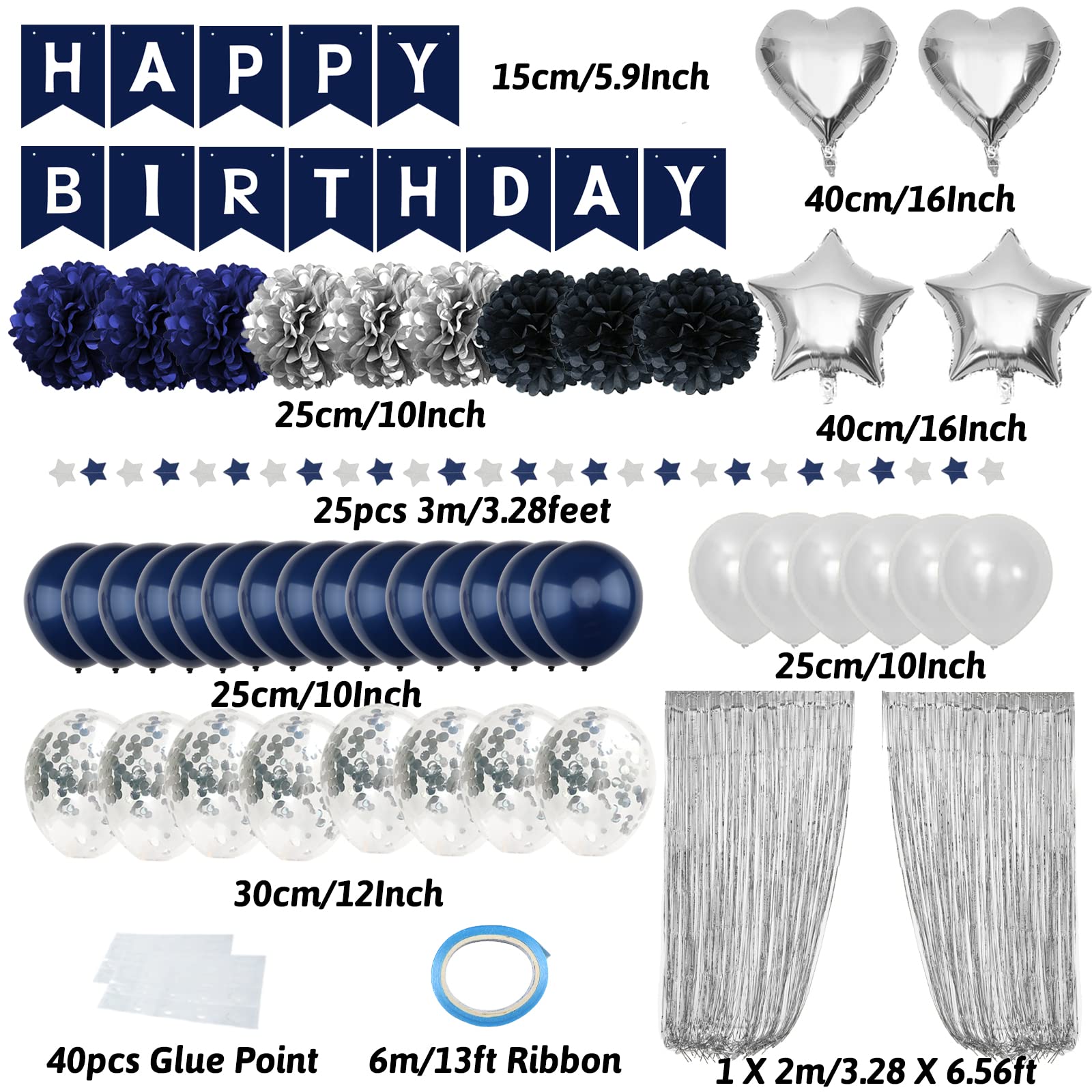 Navy Blue Birthday Party Decorations for Men, Women, Boys & Girls - Happy Birthday Banner, Pom Poms, Foil Balloons & Curtains - Perfect for Adult Birthday Parties, Baby Showers & Anniversary Celebrations