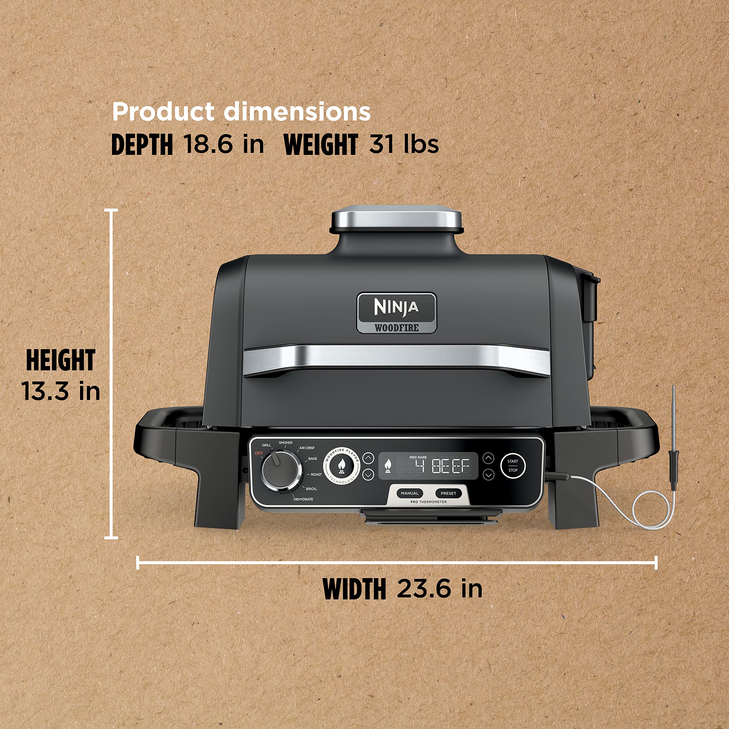 Ninja Woodfire Pro 7-in-1 Electric Outdoor Grill & Smoker with Thermometer - Portable BBQ Smoker, Air Fryer, Oven for Baking, Roasting, Dehydrating & Broiling - Includes Ninja Woodfire Pellets (Grey, OG751BRN) - Perfect for Backyard BBQs, Camping & Outdoor Cooking