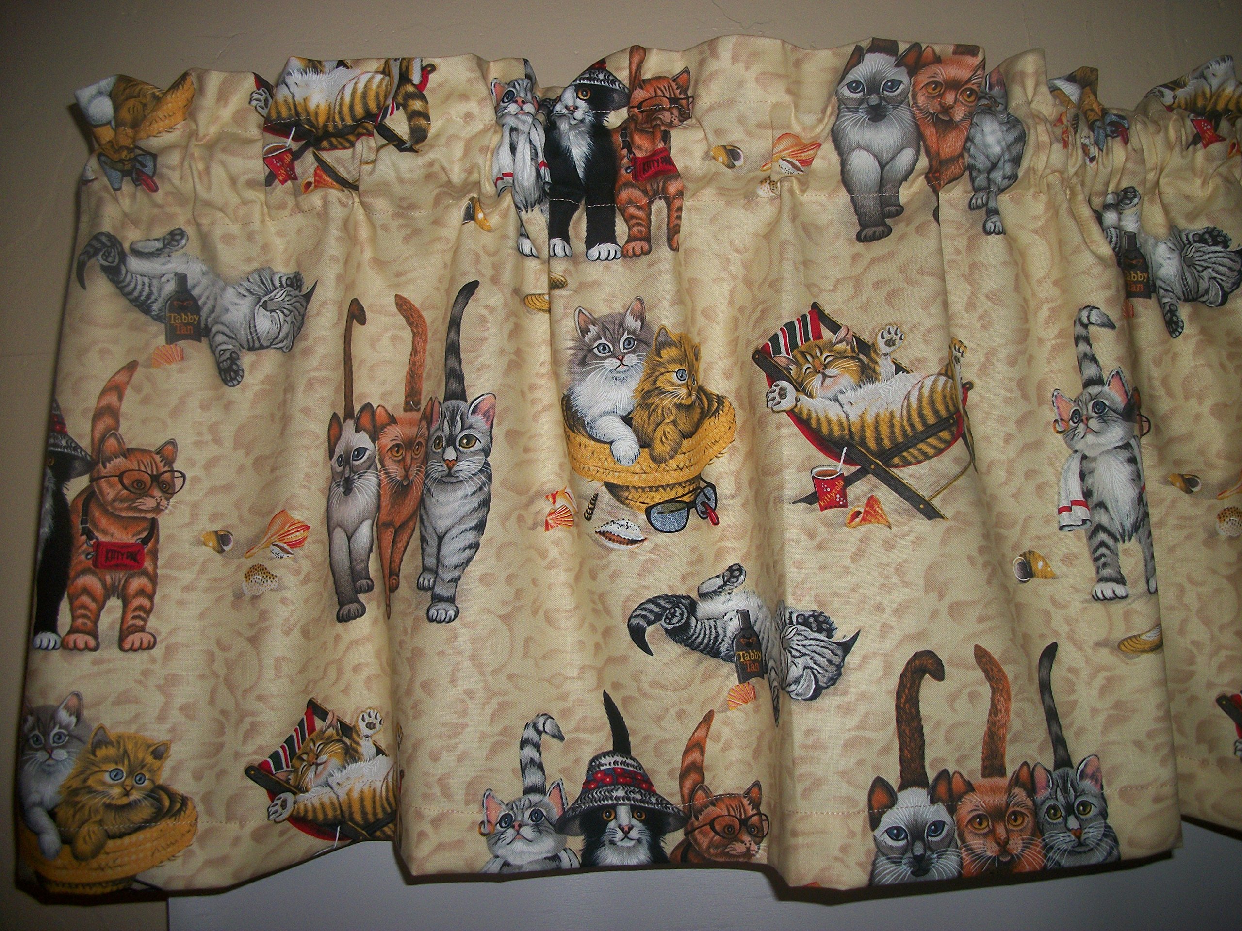 Nautical Beach Cat Themed Window Valance Curtain - Coastal Sand Feline Design for Bedroom & Living Room Decor - Perfect for Beach House, Pet Lover's Home, and Coastal Themed Interiors