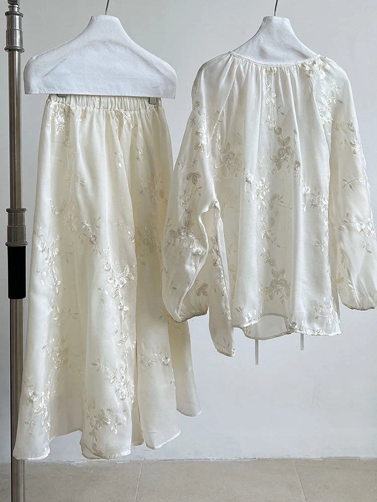 Apricot Embroidered Blouse & Thin Skirt 2-Piece Set - V-Neck Long Sleeve Women's Fashion Outfit for Spring Summer 2025 | Trendy Office Wear & Casual Date Night Outfits