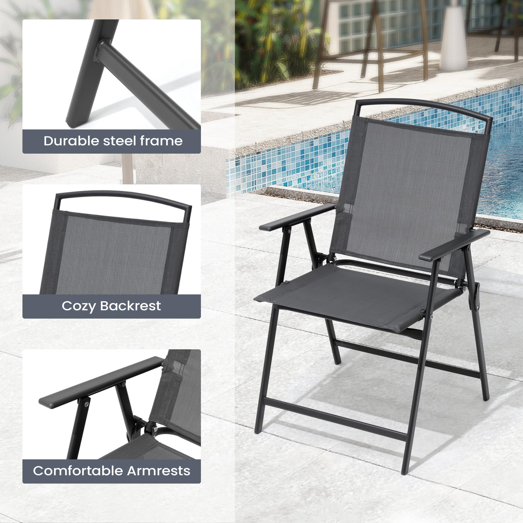 Pellebant Set of 4 Outdoor Folding Chairs with Armrests - Lightweight Patio Dining Chairs for Camping, Beach, Backyard, Garden & Poolside - Weather-Resistant Gray Furniture - Perfect for Outdoor Entertaining & Relaxation