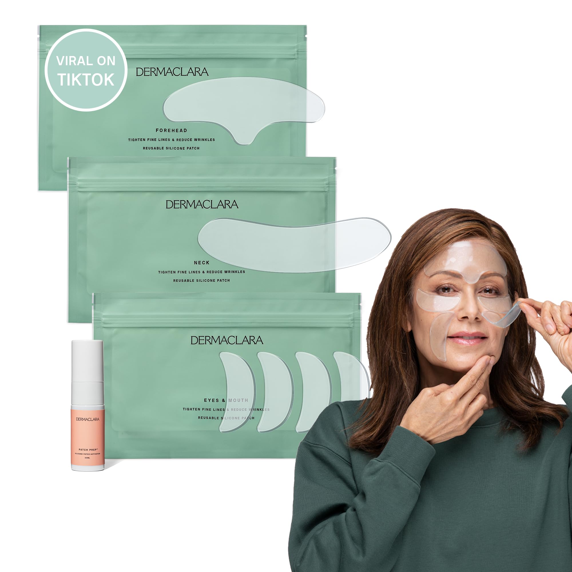 Dermaclara Anti-Wrinkle Silicone Face Patches Kit - Forehead, Smile Lines & Frown Line Treatment with Cleanser (30 Uses) - 1 Forehead, 2 Mouth, 2 Eye, 1 Neck Patches - Perfect for Overnight Wrinkle Reduction & Skin Smoothing