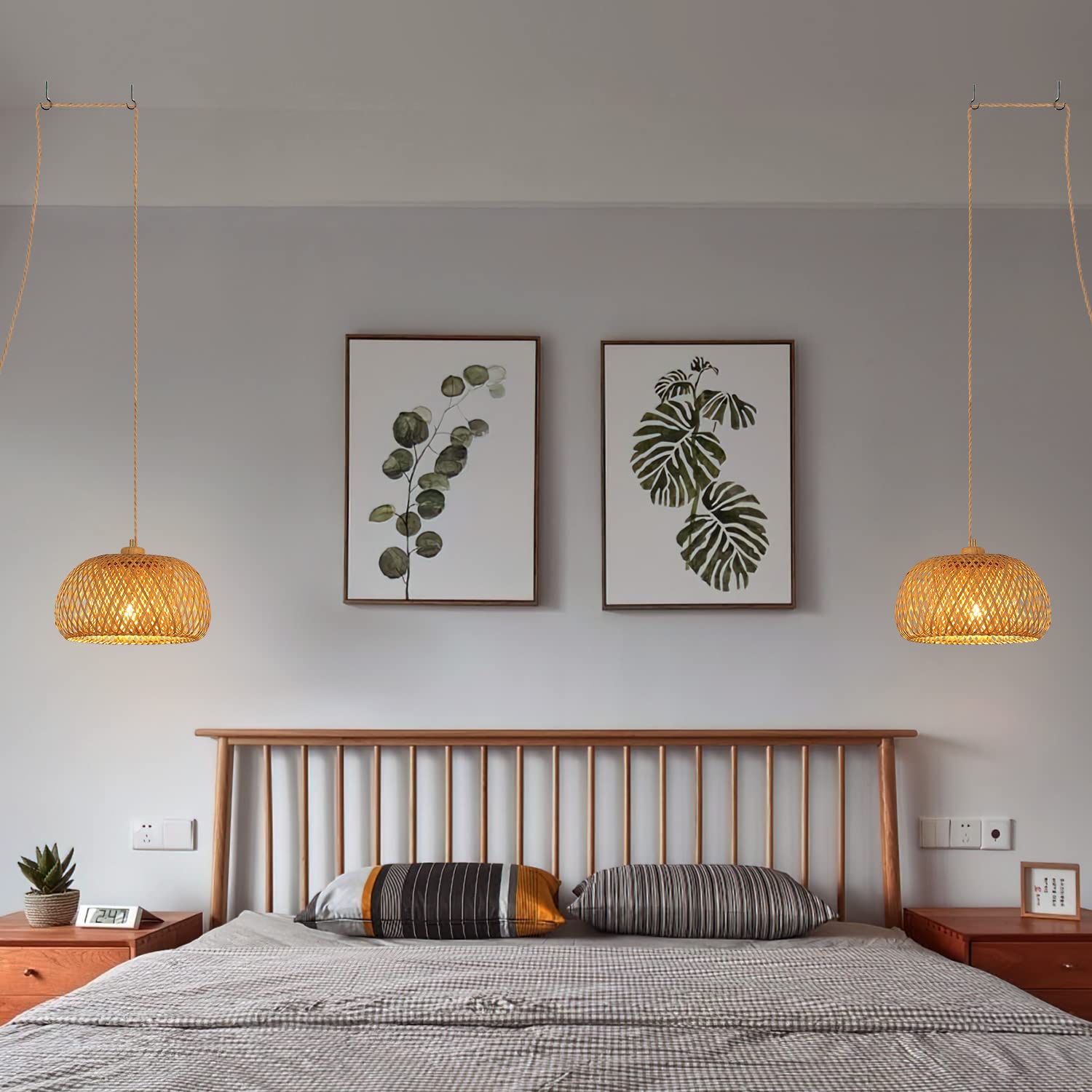 Handmade Bamboo Plug-in Pendant Light with 14ft Woven Cord - Dimmable Hanging Lamp for Farmhouse, Bedroom & Kitchen Island Decor | Perfect for Rustic Living Room, Dining Area and Cozy Reading Nook Lighting