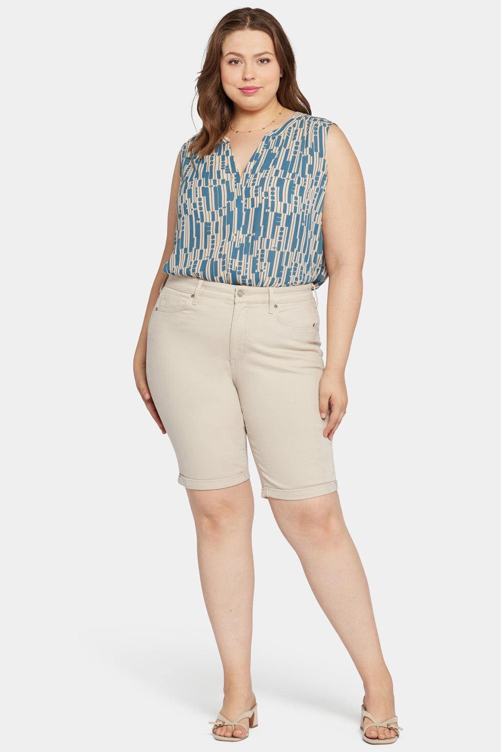 Briella 11 Inch Denim Shorts for Women - Plus Size High Waisted Stretch Shorts with Feather Embellishment | Casual Summer Outfit, Beach Wear & Street Style Fashion