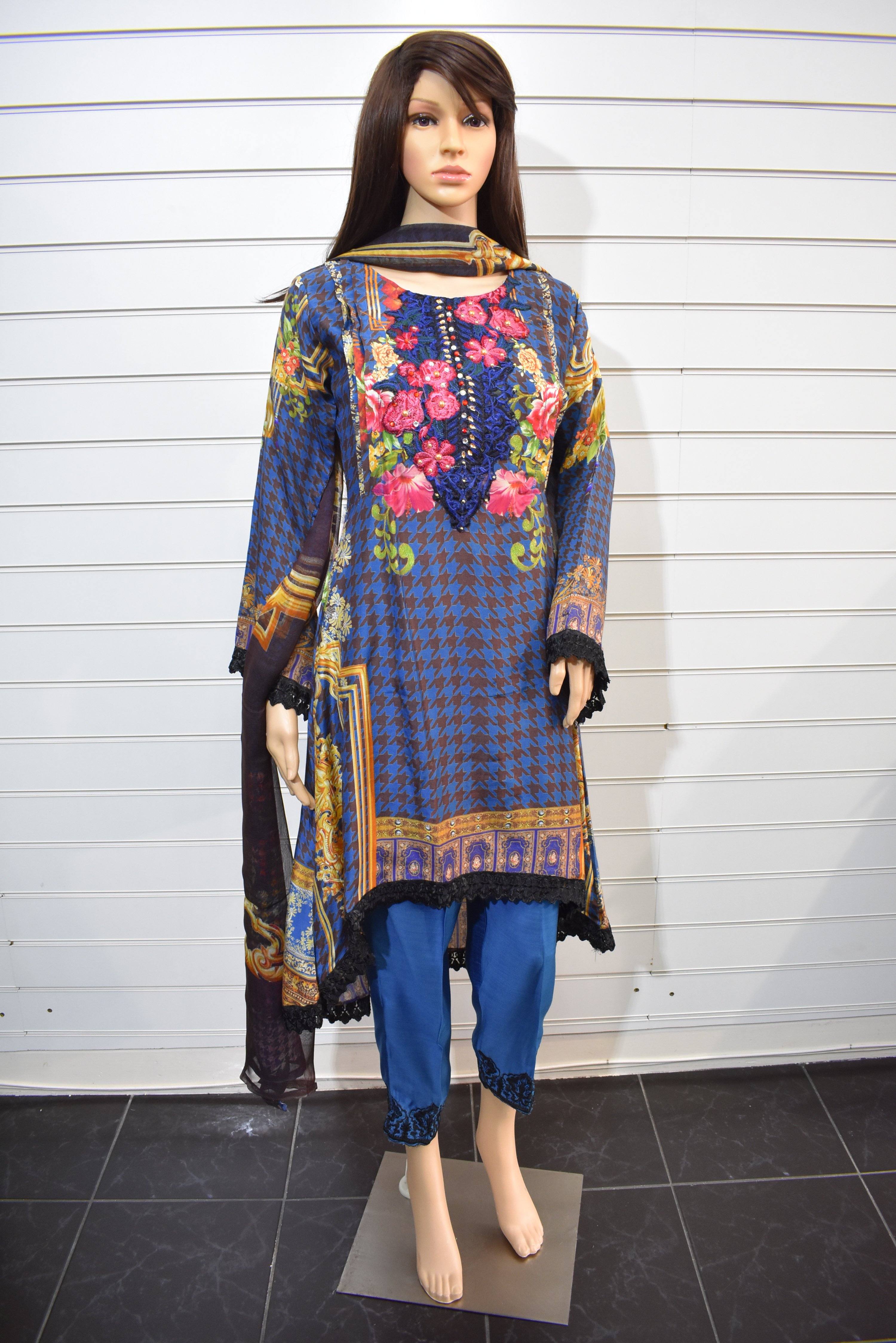Elegant Blue Silk Digital Print Dipped Hem Outfit with Fully Embroidered Trousers | Women's Luxury Evening Wear for Parties & Special Occasions
