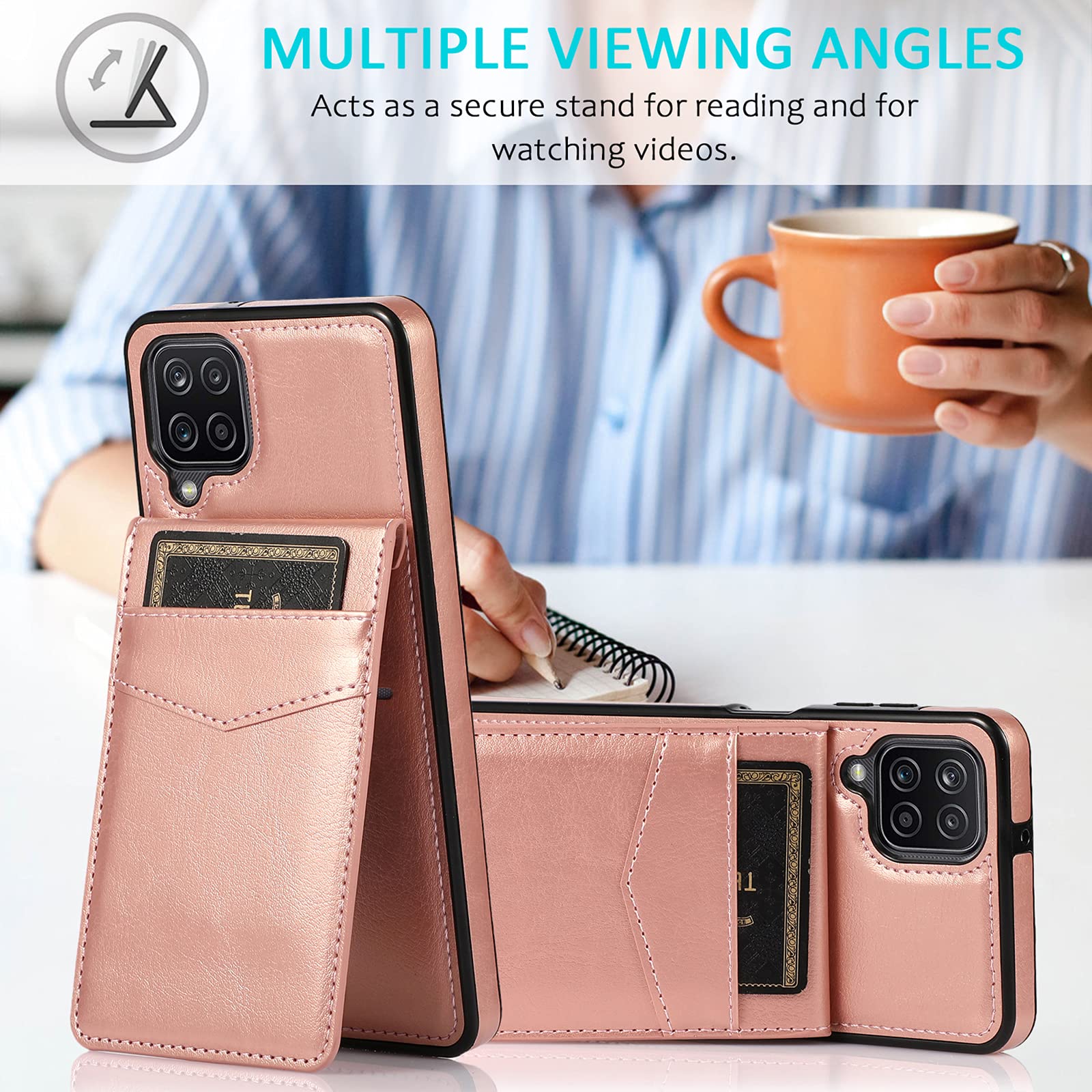 Samsung Galaxy A42 5G Phone Case with Tempered Glass Screen Protector, Credit Card Holder & Stand - Premium Leather Wallet Cover for Galaxy A42 5G/A42 4G (2021 Model) - Rose Gold Women's Design for Everyday Protection & Convenience