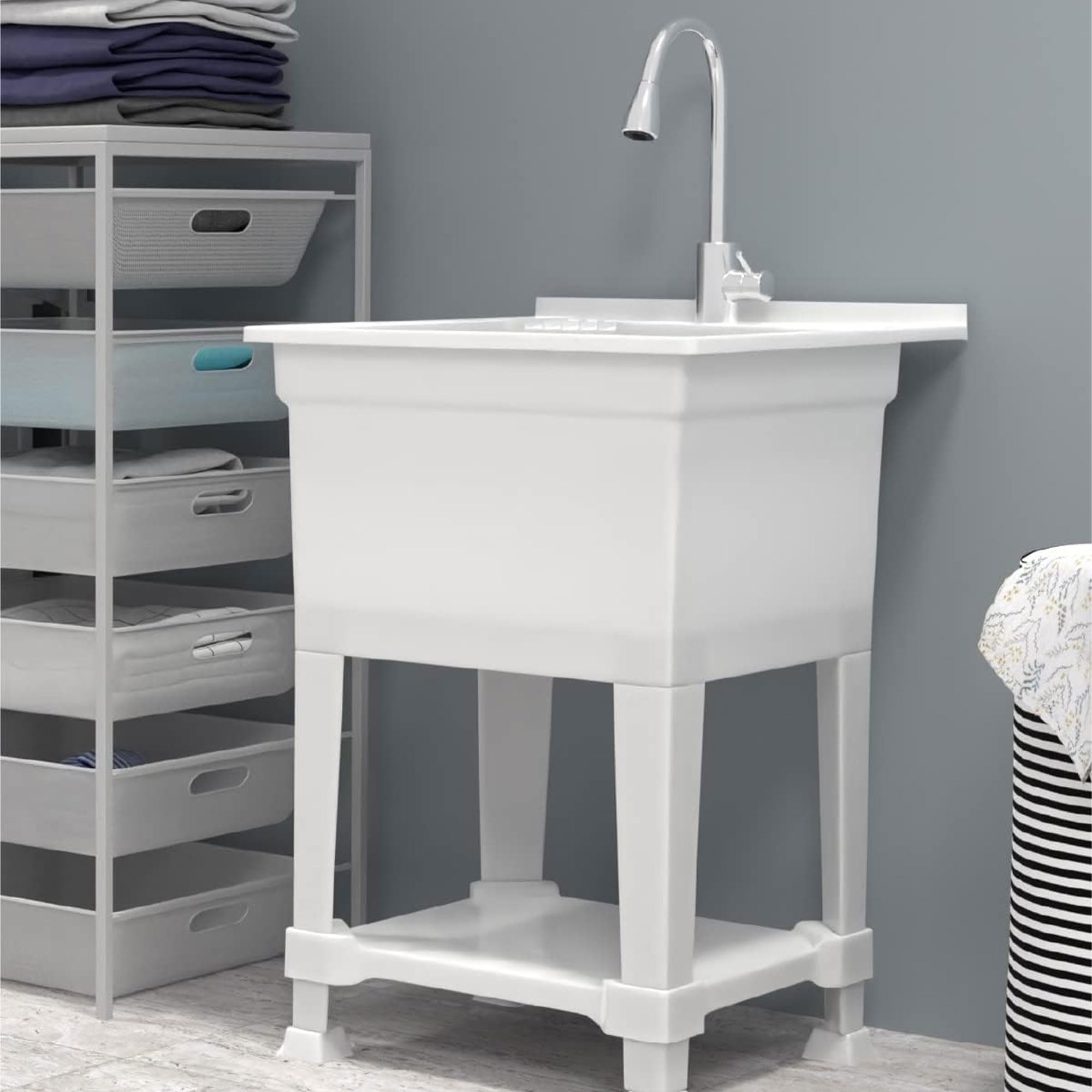 Heavy Duty 24x24 Inch Plastic Utility Sink - Freestanding Compact Laundry Tub for Workshop, Garage & Greenhouse - USA-Made White Utility Basin Perfect for Pet Washing Station, Outdoor Cleaning & DIY Projects