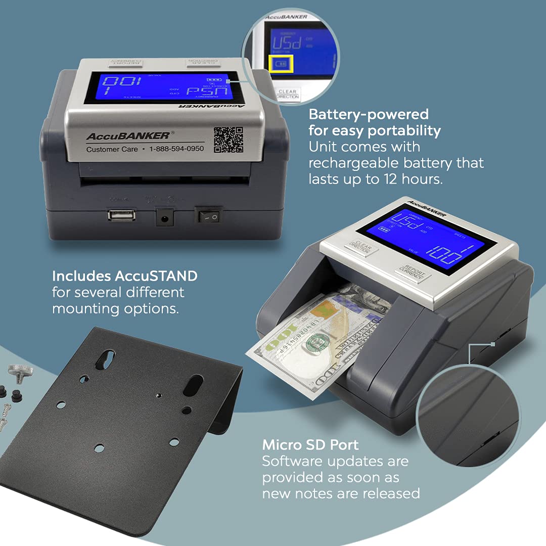 AccuBANKER D585 Multi-Scanix Counterfeit Money Detector with AccuSTAND - Multi-Directional Bill Feeder, UV/MG/IR Detection for USD, EUR, GBP, Visual & Audio Alarms - Perfect for Banks, Retail Stores, and Cash-Intensive Businesses