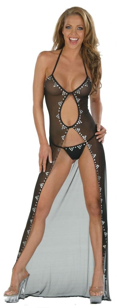 Sexy Women's Stretch Mesh Rhinestone Lingerie Bodysuit - Black Large Size for Night Out, Party, or Special Occasion
