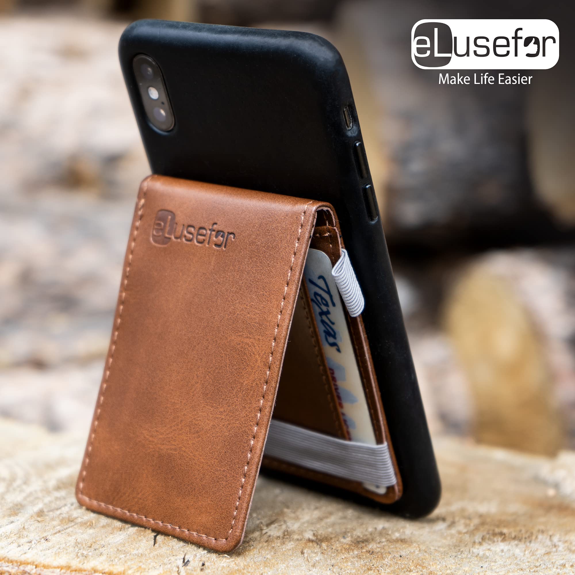 Stick-On Phone Wallet & Card Holder for iPhone & Android - Slim RFID Blocking Leather Case - Saddle Brown | Perfect for Hands-Free Shopping, Travel & Everyday Use